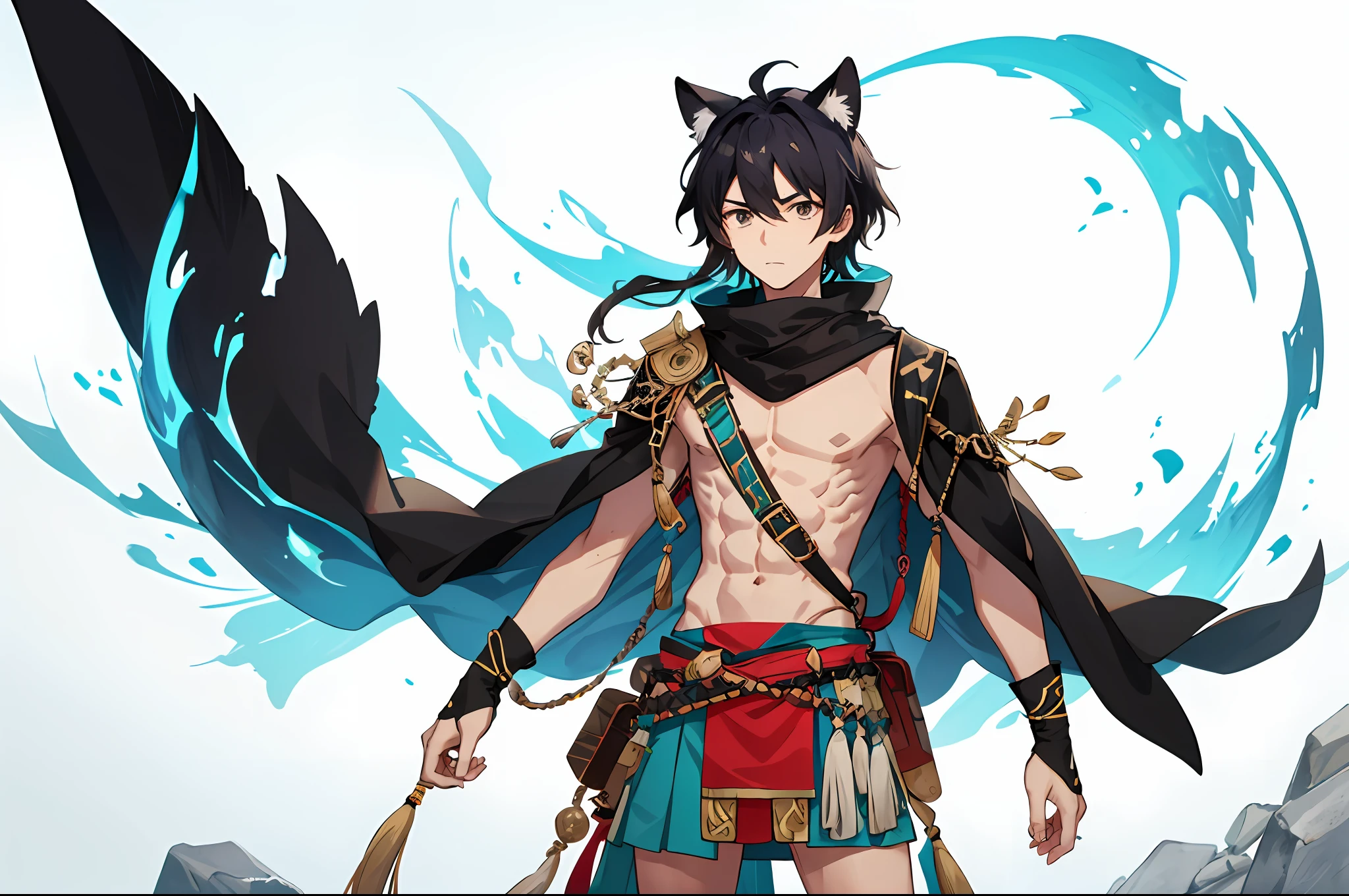 Primitive tribal teenager,nakeness,Animal skin skirt,male people,solo person,The upper part of the body