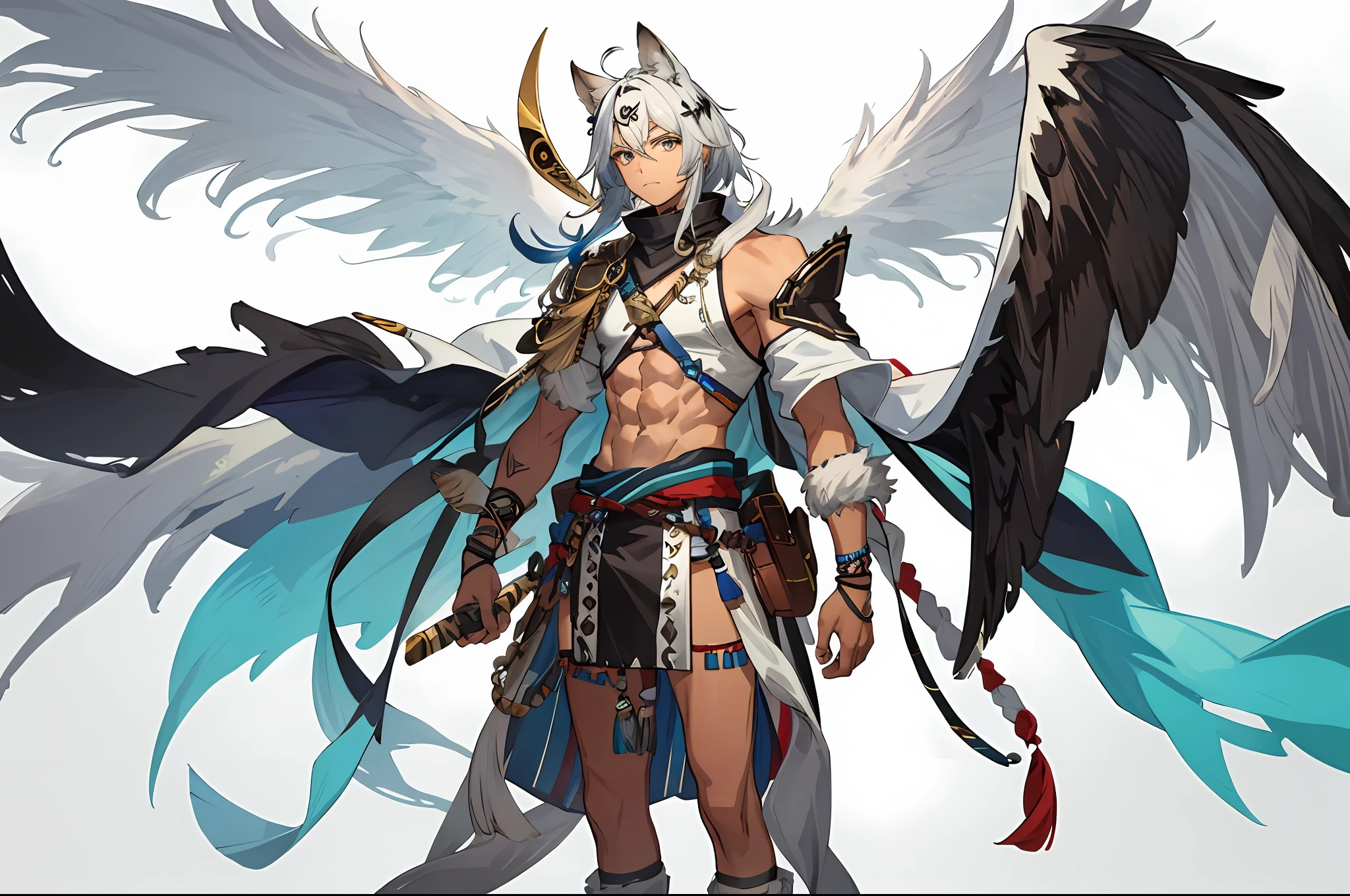 Primitive tribal ager,nakeness,Animal skin skirt,male people,solo person,The upper part of the body