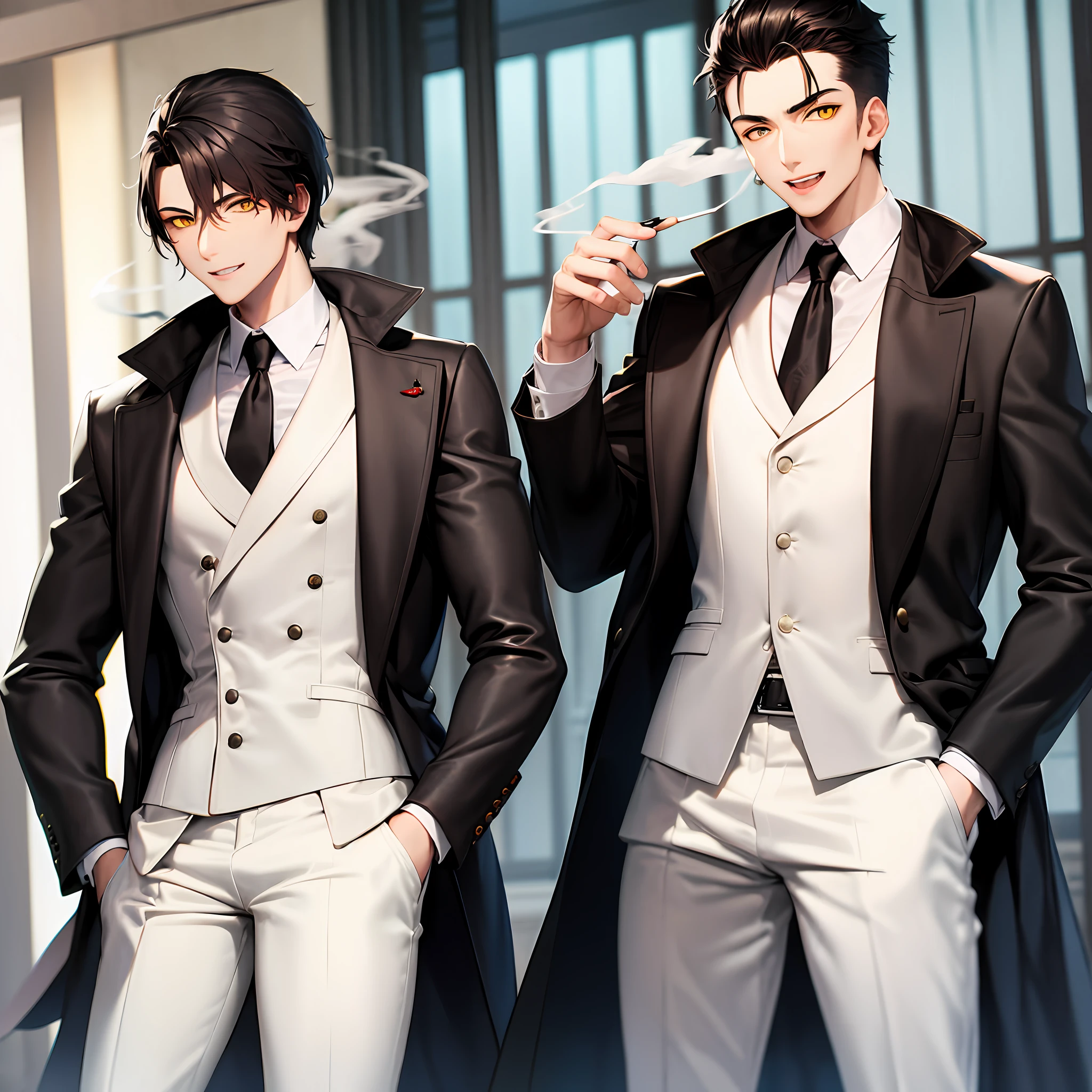 mafia boy with white suit,yellow eyes.
smoke,cool smile,best quality