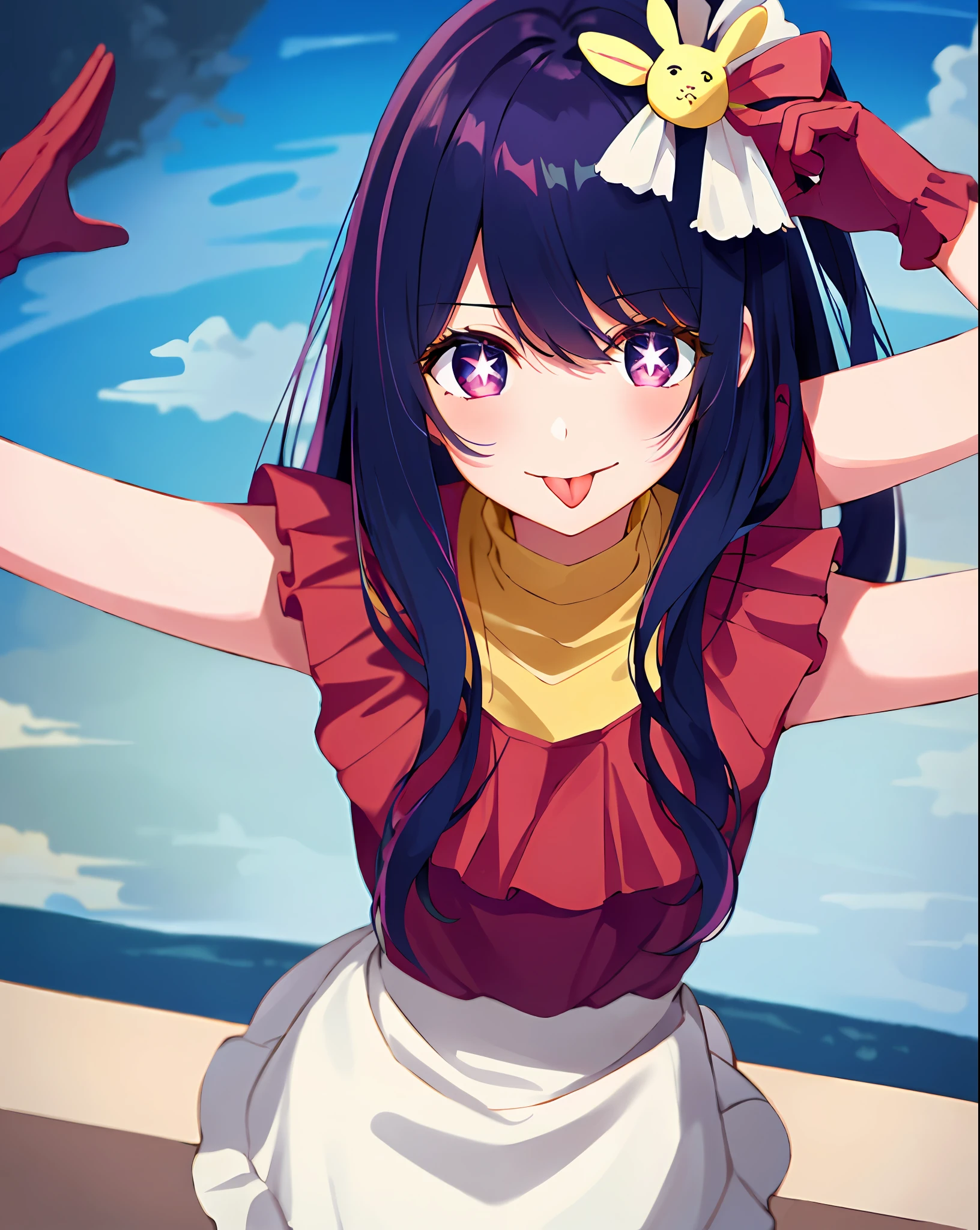 1girl, full body, cowboy shot,
(Rembrandt), illustration, (masterpiece), (best quality), (ultra_detailed), finely detail, (Depth of field),
HshinoAi,gloves, tongue out, tongue, long hair, star \(symbol\), looking at viewer, (purple hair:1.2), purple eyes, upper body, hair ornament, :p, frills, pink shirt, smile, sleeveless, shirt, idol, symbol-shaped pupils, hands up, bangs, one side up, star-shaped pupils, arms up,
dress pull,
Roaring Twenties, isometric, from above, sky, flower, cliff,