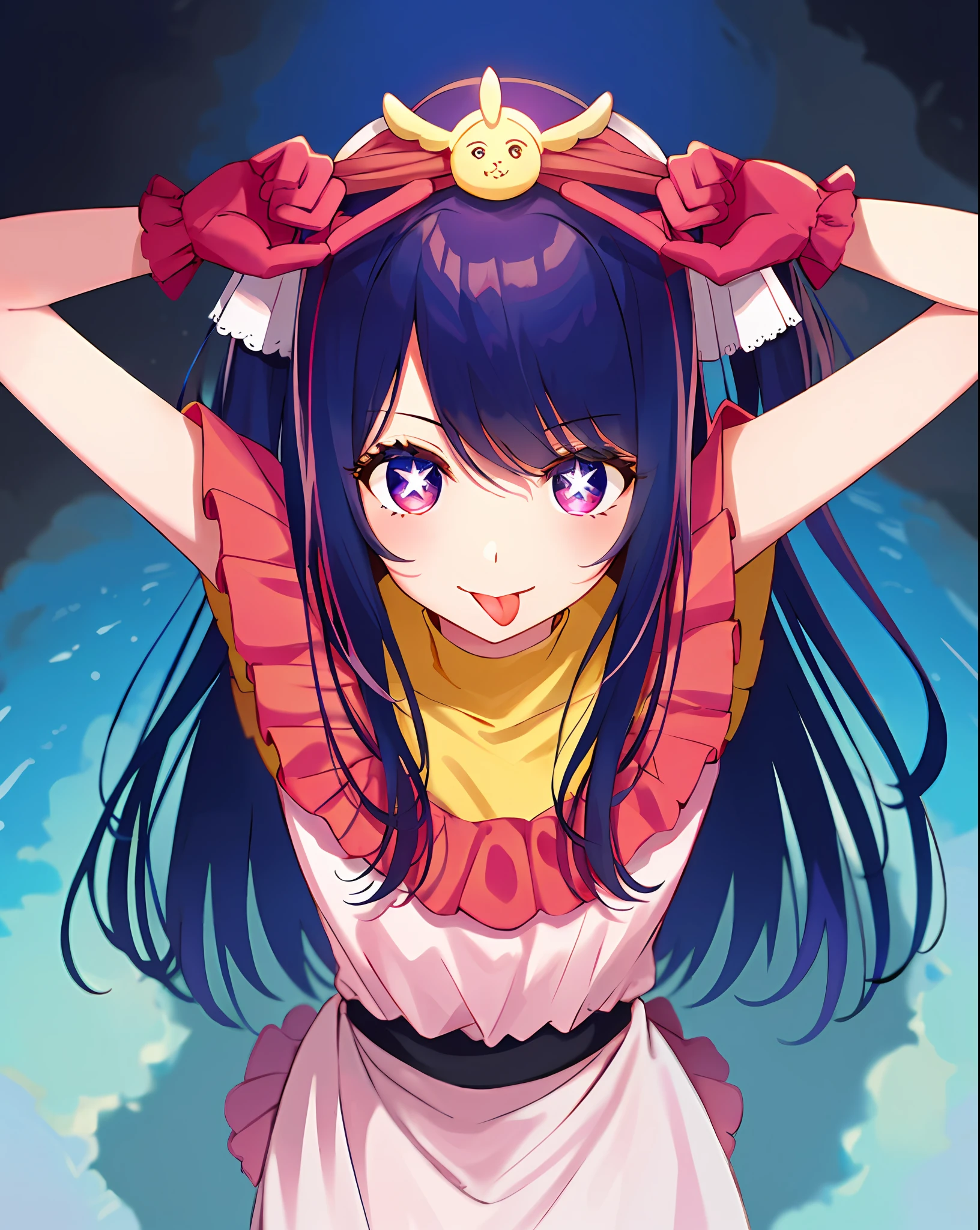 1girl, full body, cowboy shot,
(Rembrandt), illustration, (masterpiece), (best quality), (ultra_detailed), finely detail, (Depth of field),
HshinoAi,gloves, tongue out, tongue, long hair, star \(symbol\), looking at viewer, (purple hair:1.2), purple eyes, upper body, hair ornament, :p, frills, pink shirt, smile, sleeveless, shirt, idol, symbol-shaped pupils, hands up, bangs, one side up, star-shaped pupils, arms up,
dress pull,
Roaring Twenties, isometric, from above, sky, flower, cliff,