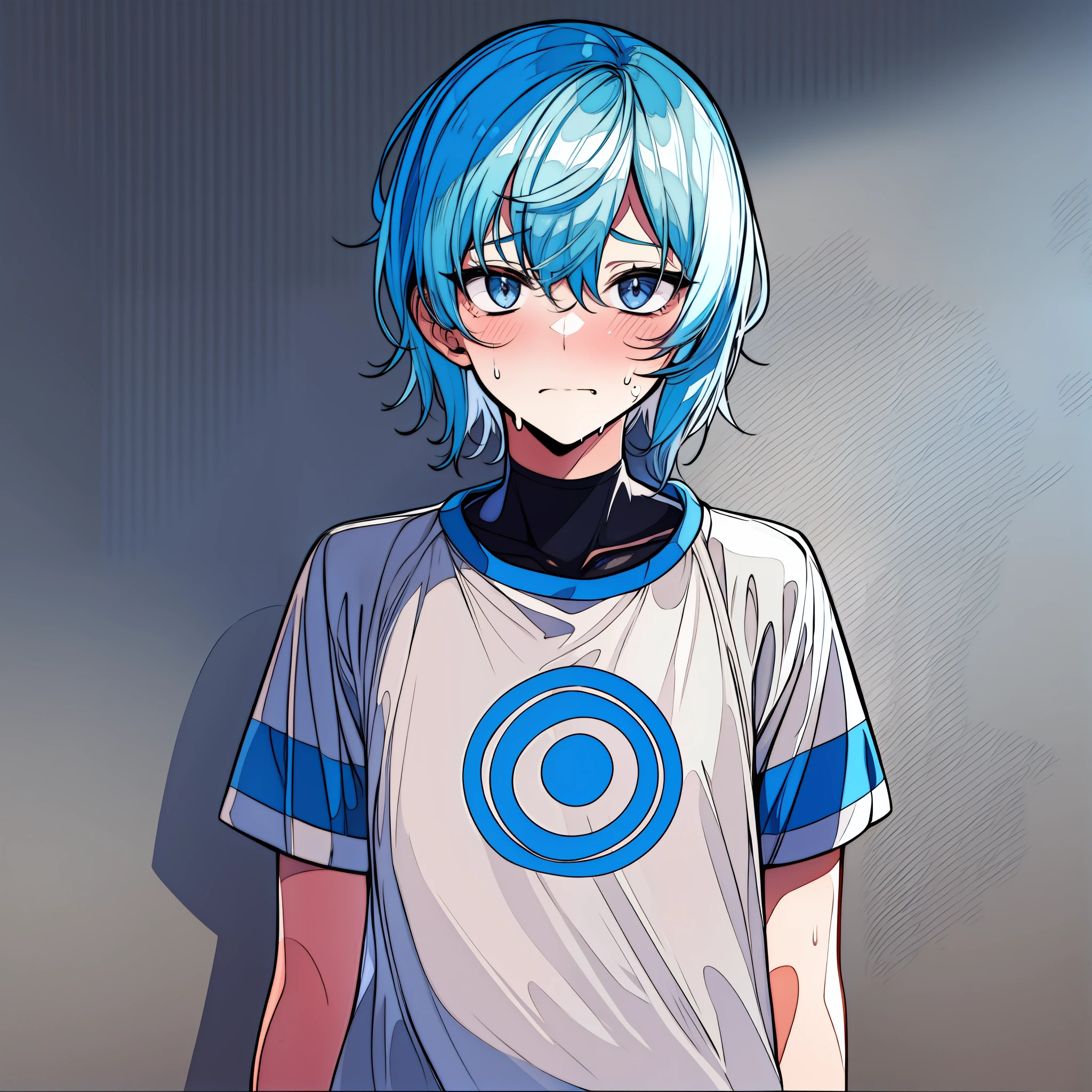 Nervous genderfluid teenager with light blue hair, grey eyes, shy, nervous, sweating,