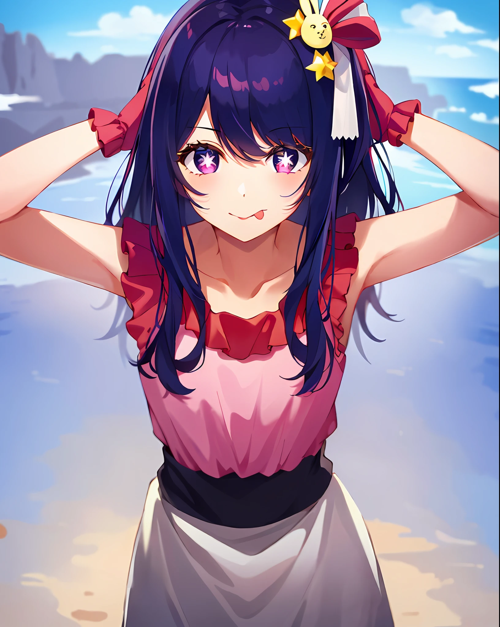 1girl, full body, cowboy shot,
(Rembrandt), illustration, (masterpiece), (best quality), (ultra_detailed), finely detail, (Depth of field),
HshinoAi,gloves, tongue out, tongue, long hair, star \(symbol\), looking at viewer, (purple hair:1.2), purple eyes, upper body, hair ornament, :p, frills, pink shirt, smile, sleeveless, shirt, idol, symbol-shaped pupils, hands up, bangs, one side up, star-shaped pupils, arms up,
dress pull,
Roaring Twenties, isometric, from above, sky, flower, cliff,