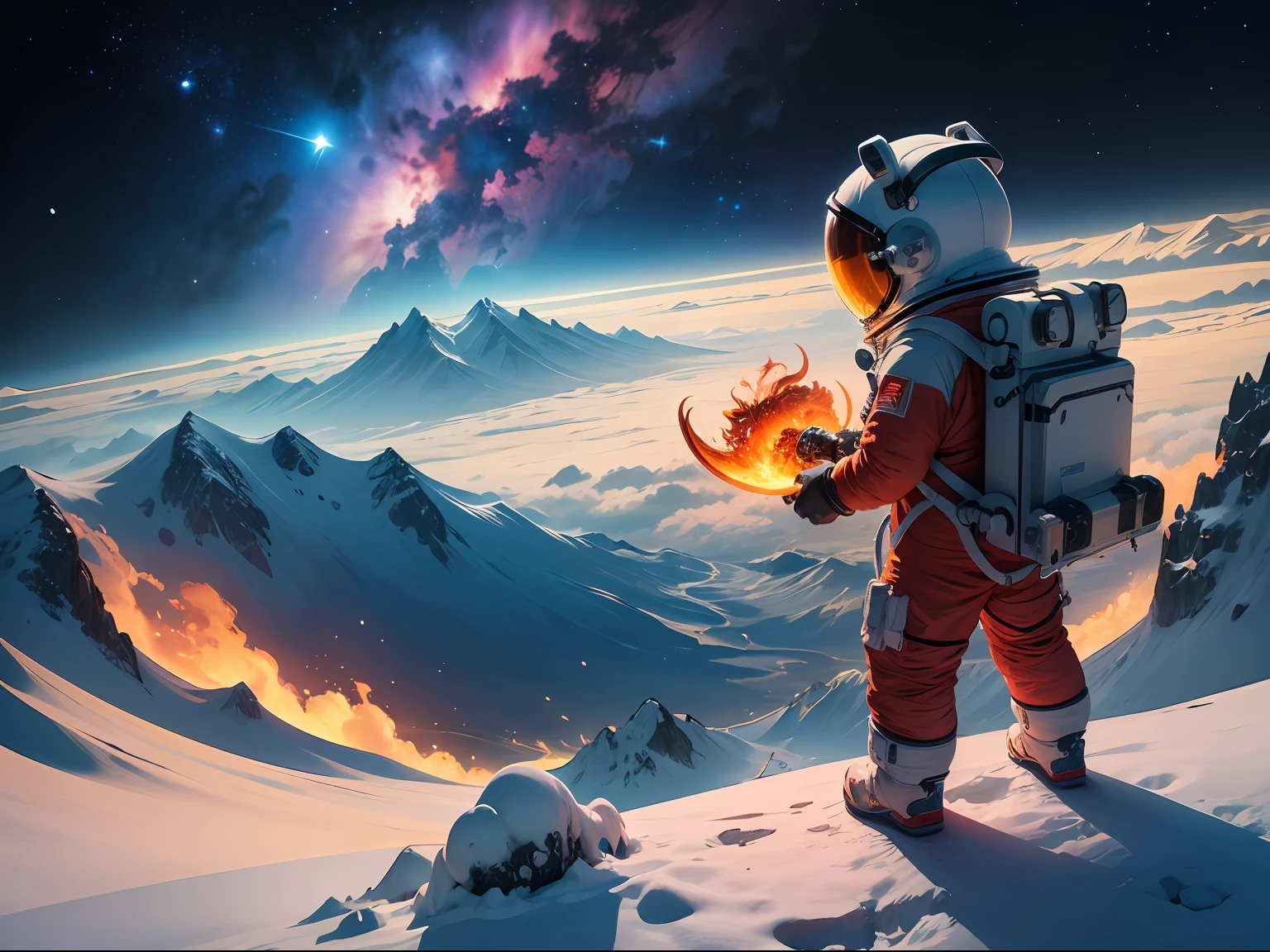 space，The astronaut，chinesedragon，heavenly body，galactic，snow mountains，magma，fiery --auto