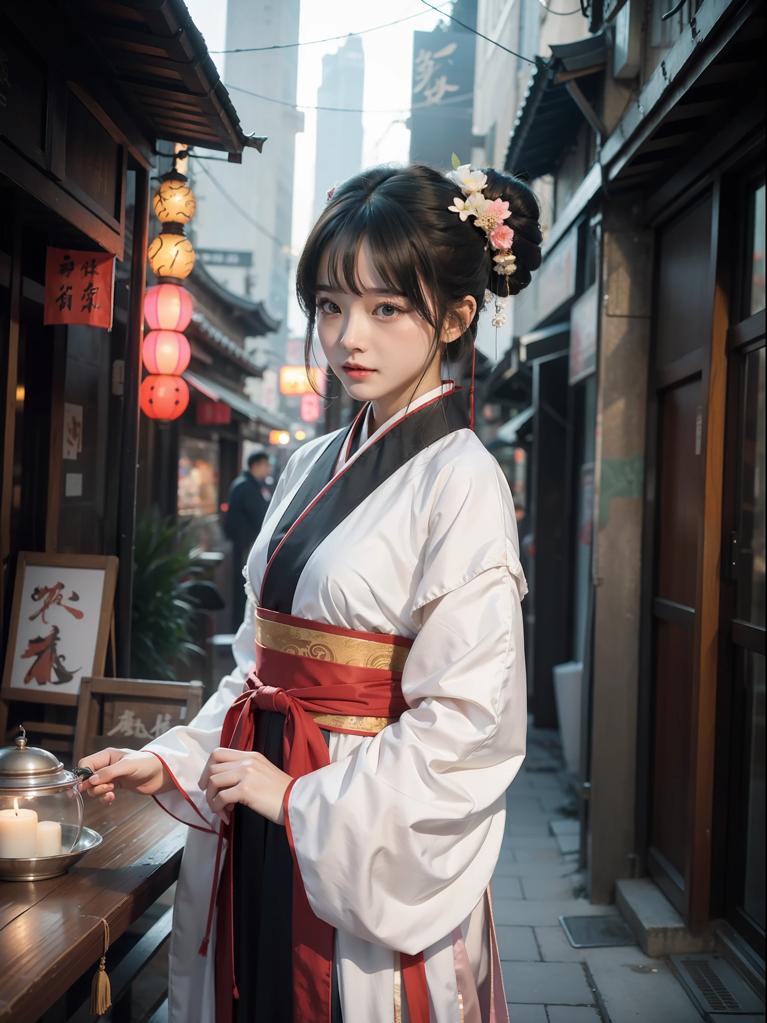 A girl dressed in beautiful Hanfu，中景 the scene is，cyber punk style