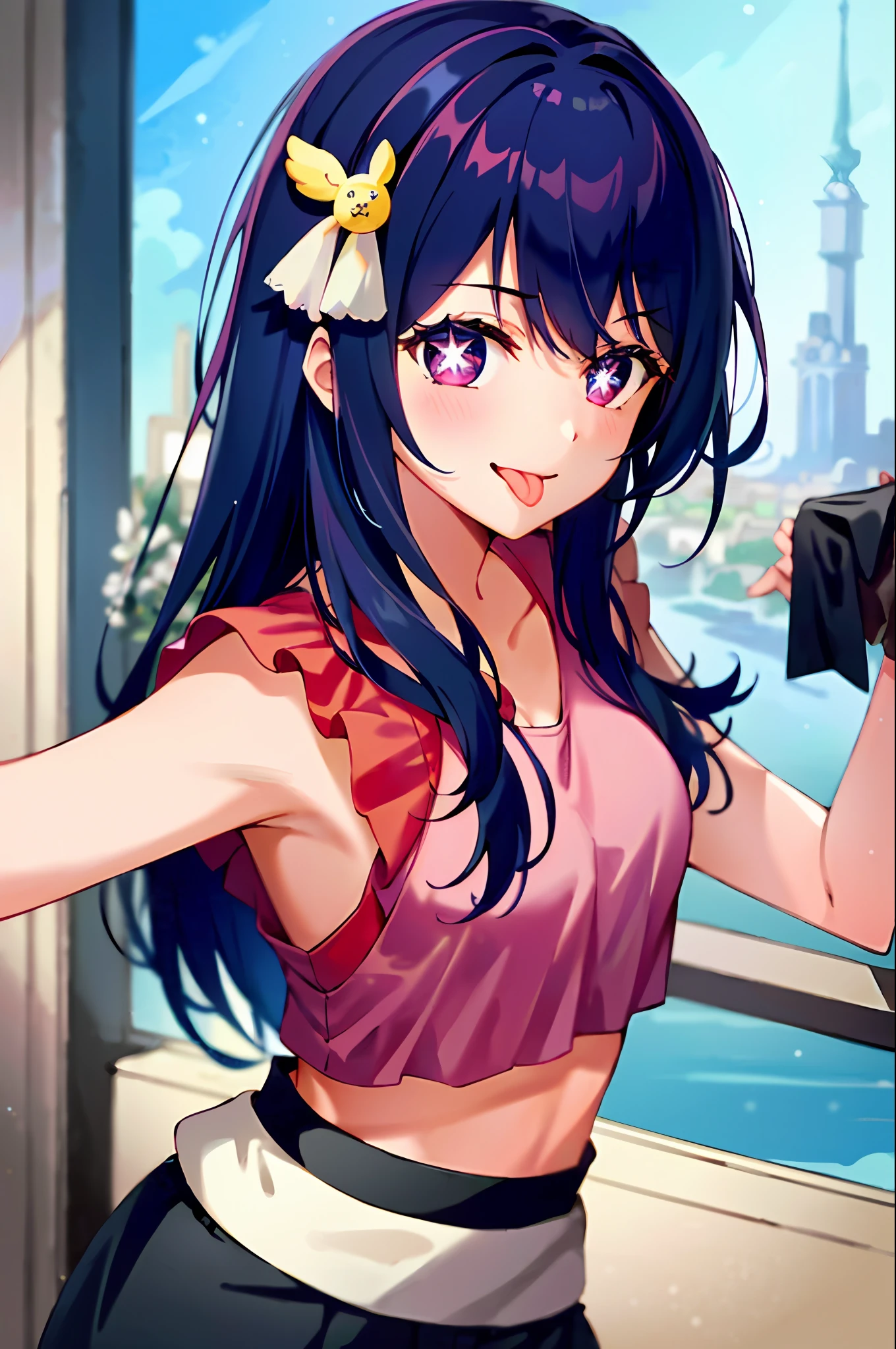 1girl, full body, cowboy shot,
(Rembrandt), illustration, (masterpiece), (best quality), (ultra_detailed), finely detail, (Depth of field),
HshinoAi,gloves, tongue out, tongue, long hair, star \(symbol\), looking at viewer, (purple hair:1.2), purple eyes, upper body, hair ornament, :p, frills, pink shirt, smile, sleeveless,  idol, symbol-shaped pupils,  bangs, one side up, star-shaped pupils,
Roaring Twenties, isometric, from above, sky, flower, cliff,
medium breasts,  (bent over ), (wearing loose low-cut top), (oversized shirt ),