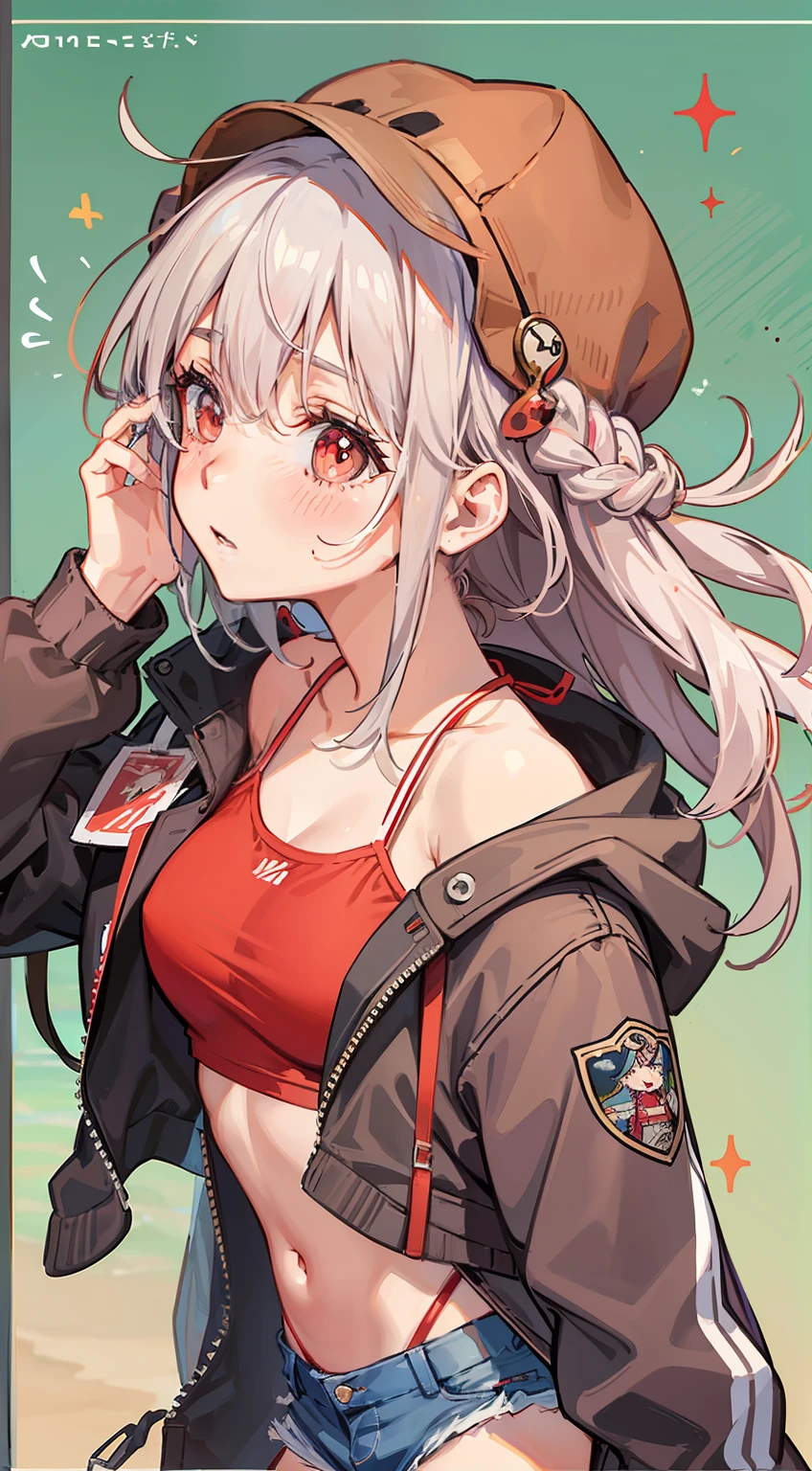 ((Put your hands on your face)), ((Embarrassing)), ((red blush)), 1 Whole body of a girl, elvish, ((silber hair)), Red Eyes, bob cuts, Braided hair, Fluttering hair, swim wears, The bikini, Denim shorts, Hoodie jacket, gender change, speculum, sea side, concept-art, beautiful anime scene, Beautiful anime scenery, top-quality, masterpiece