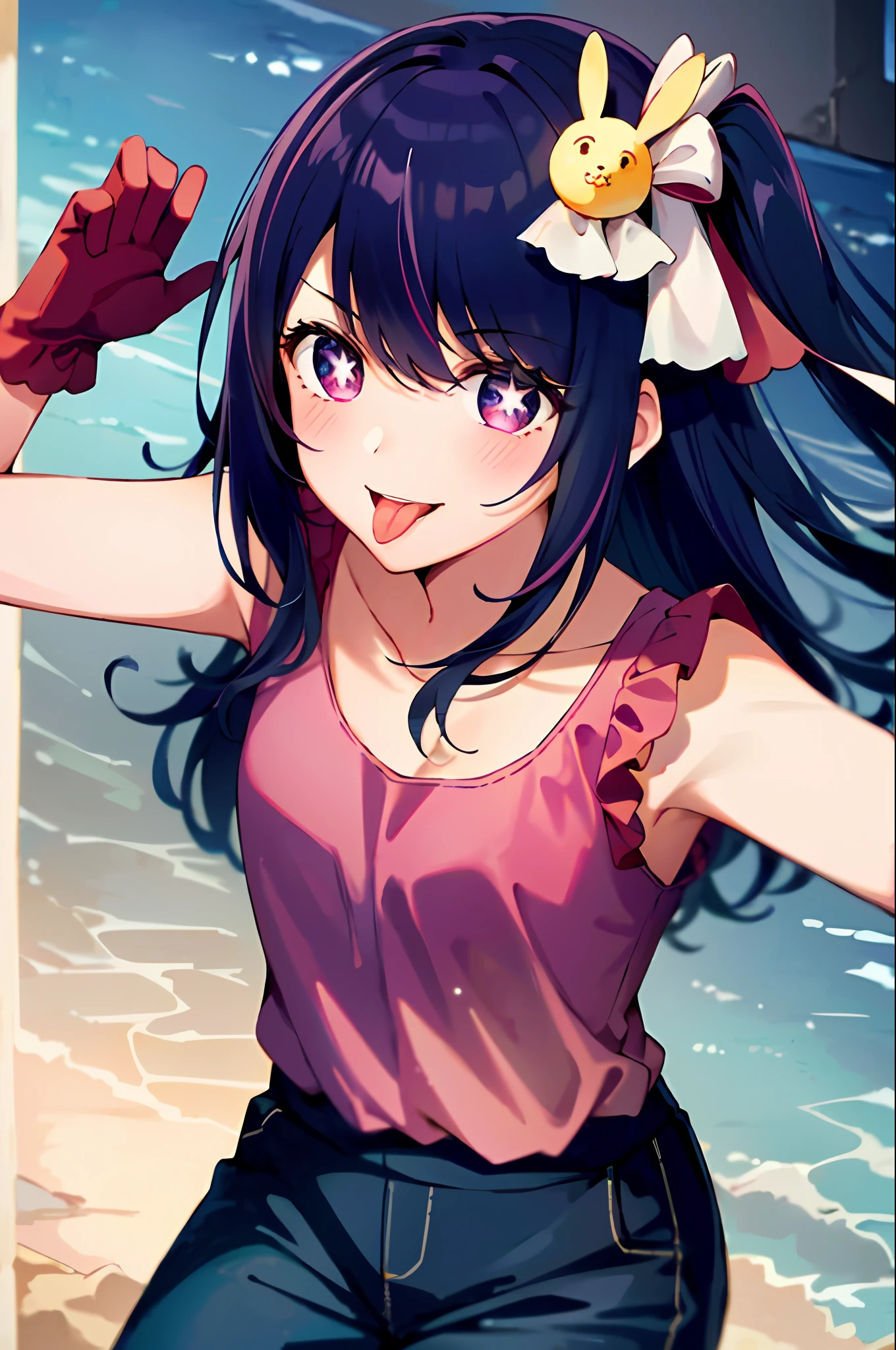 1girl, full body, cowboy shot,
(Rembrandt), illustration, (masterpiece), (best quality), (ultra_detailed), finely detail, (Depth of field),
HshinoAi,gloves, tongue out, tongue, long hair, star \(symbol\), looking at viewer, (purple hair:1.2), purple eyes, upper body, hair ornament, :p, frills, pink shirt, smile, sleeveless, idol, symbol-shaped pupils, bangs, one side up, star-shaped pupils,
Roaring Twenties, isometric, from above, sky, flower, cliff,
medium breasts, (bent over ), (wearing loose low-cut top), (oversized shirt ),