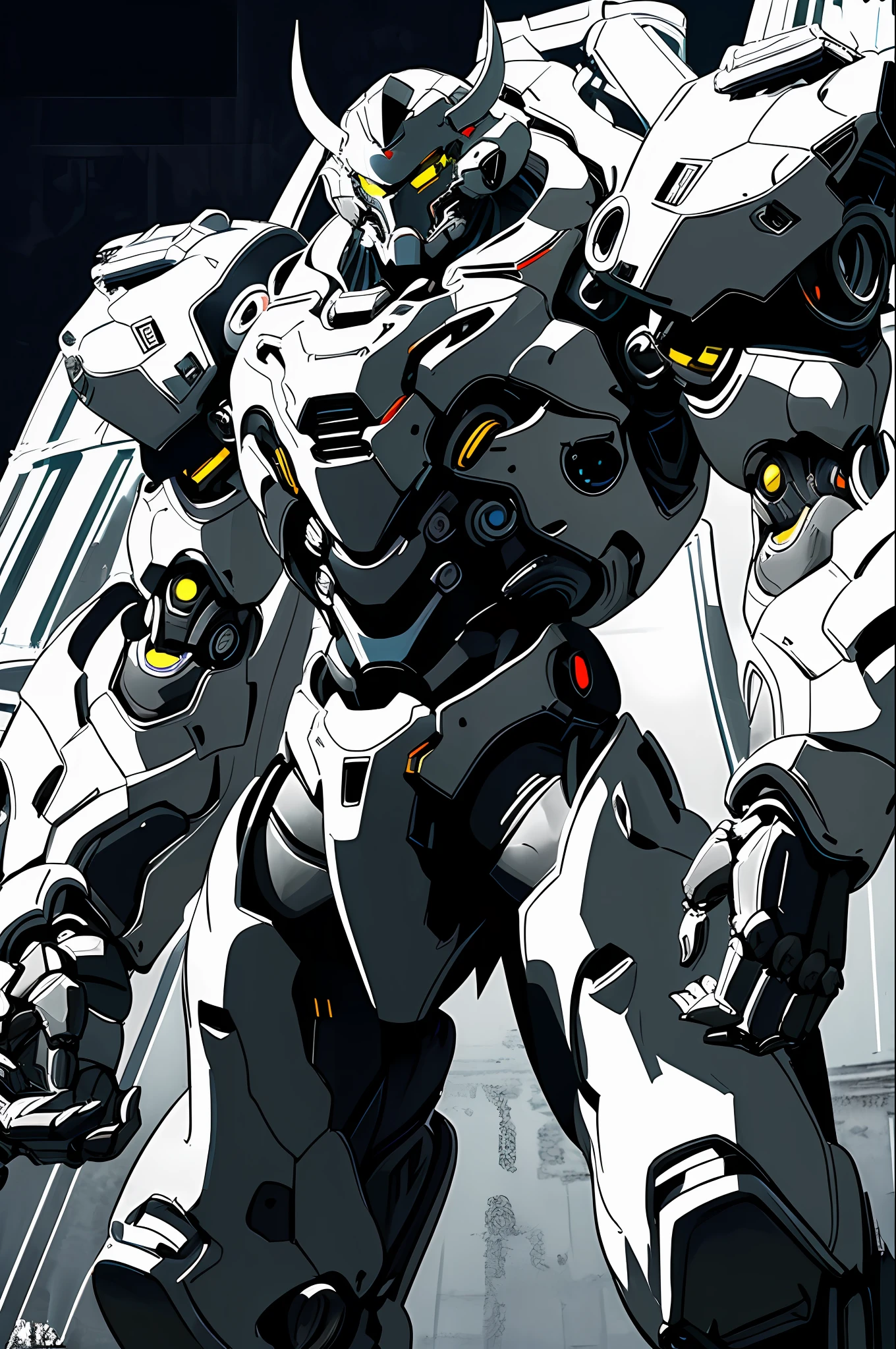 ((Black and White Line Art)) (Comic Style)
1man, oni mask, dynamic pose, cybernetic samurai armor, mechanical arm, science fiction, glowing mecha, traditional japanese style, katana,
Negative space, dynamic lighting, clear lines, high contrast,
Absurd, best quality, negative space