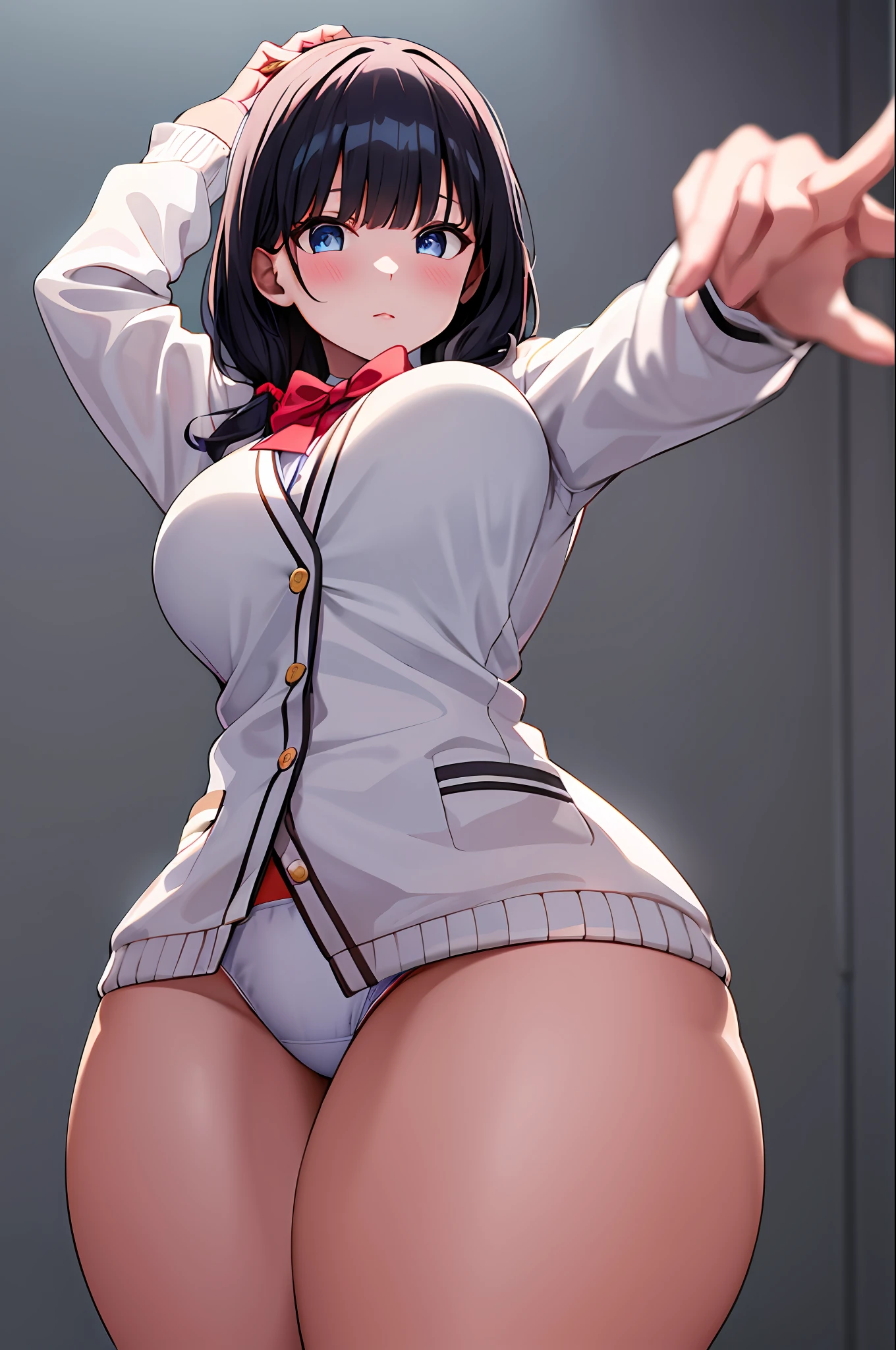 masutepiece, Best Quality, hight resolution, rikka1, 1girl in, Takarada Rikka, Black hair, Solo, Blue eyes, wrist scrunchie, Long hair, red socks, School uniform, Bangs, orange scrunchie, Red bow, White cardigan, Long sleeves, bowtie, White shirt, White sweater, (thick thighs:1.3), Large breasts, White panties, Simple background, Shiny skin, standing split,