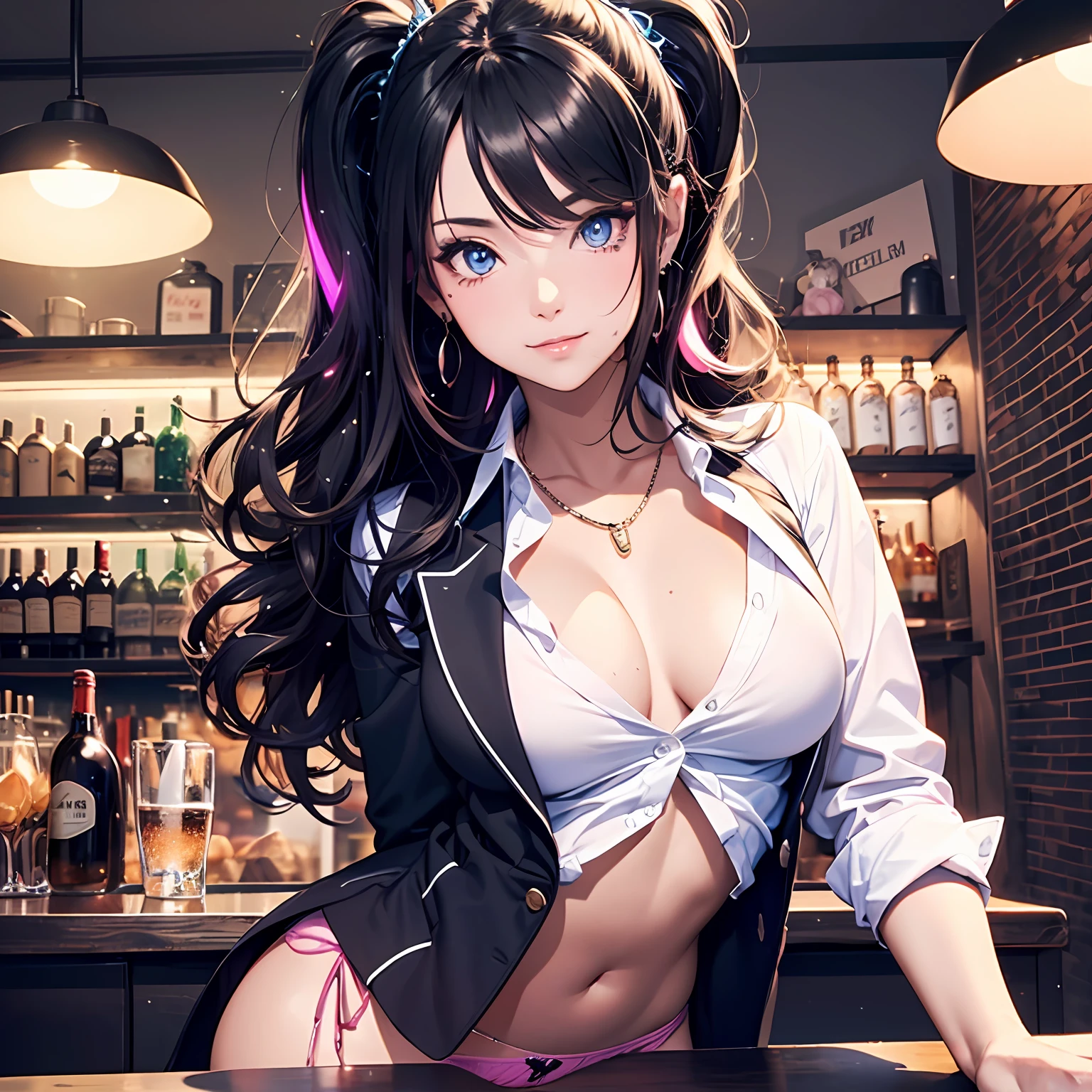 (masutepiece: 1.3), (max resolution: 1.2), (Ultra HDTV: 1.2), cinema lite, Ultra HDTV, (Detailed eyes and skin), (detailed facial features), 8K resolution, Sharp Focus: 1.2, Perfect Style, Beautiful Face, accurate, Anatomically correct, Highly detailed face and skin texture, Detailed eyes, Dark-blue eyes, Double eyelids, Thin eyebrows, (dropped eyes:0.65), (Glitter Eyeliner:1.2), Natural cheeks, Glossy skin, (Fair skin:1.2), shiny necklace and earrings, (Glossy lips: 1.4), BREAK, absurderes, One-person viewpoint, (They are Very Cute female bar hostess), (While Wearing a Button up White shirt:1.3), BREAK, (wear a blazer:1.3), BREAK, (pleated super mini skirt of Red:1.2), ((showing a little string panties:1.2)), (high heels), BREAK, (shy smile:1.2), ((18 years old, Very Cute and neat many girls:1.3)), (high-ponytail hairstyle, Wavy Hair), (Blond or Brown hair:1.2), Medium Long Hair, (Cowboy shot: 1.2), Focus on Face, medium large breasts, ((business card onto breasts:1.6)), (( inside the bar counter)), ((In the erotic Bar at night:1.4)), ((((Pink neon lights, dimly lit store, black lights)))),