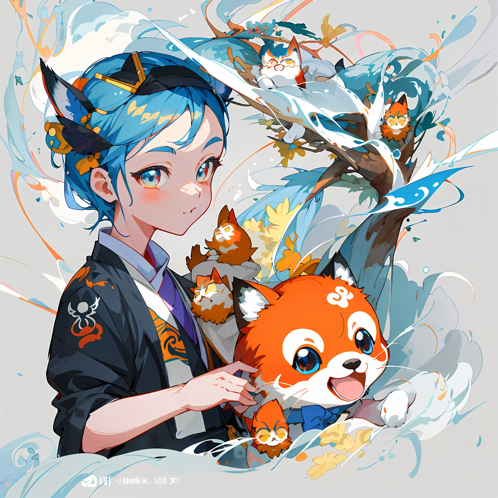 Anime girl with blue hair holding a red panda and a cat, Pisif Contest Champion, Anime style illustration, Digital anime illustration, Digital art on Pisif , trending on artstation pixiv, Pisif, anime illustration, lovely art style, Pisif style, author：Master of Han Chinese, Cute detailed digital art, made with anime painter studio, Detailed fanart