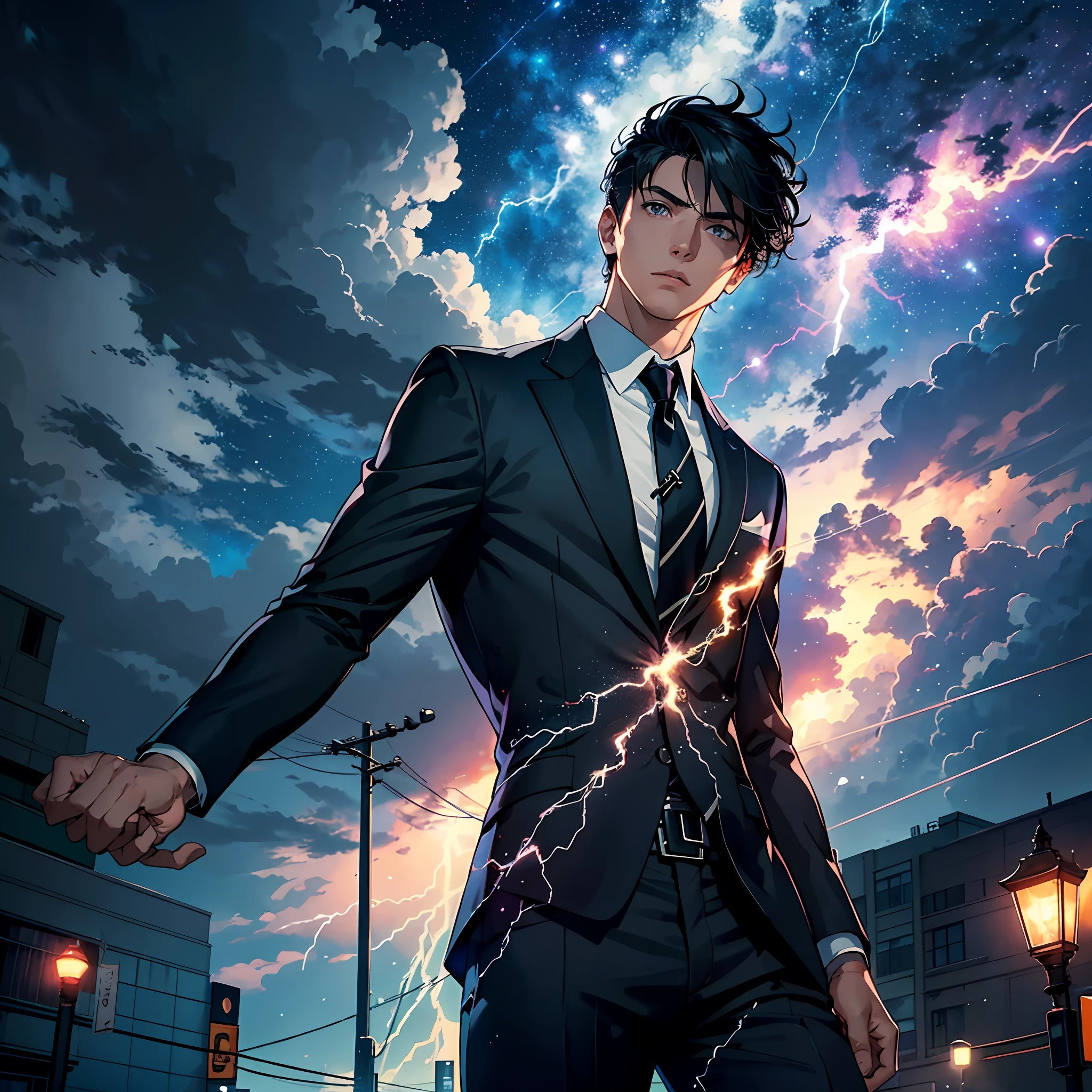 of a guy,Handsome face,Look at the lightning in the sky in amazement,head looking up,Black suit,short detailed hair,Lateral face,On the street,Look at the night sky,Lightning is ahead,Lightning ahead,Faraway view,in a panoramic view