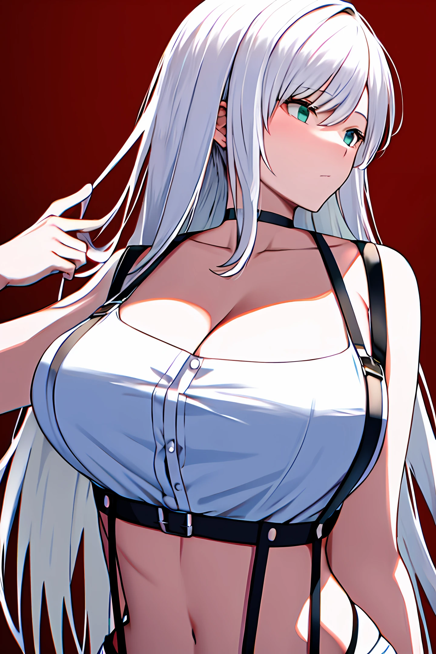 white color hair,Ultra-low cut suspenders,cleavage,hyper HD,Raised sexy