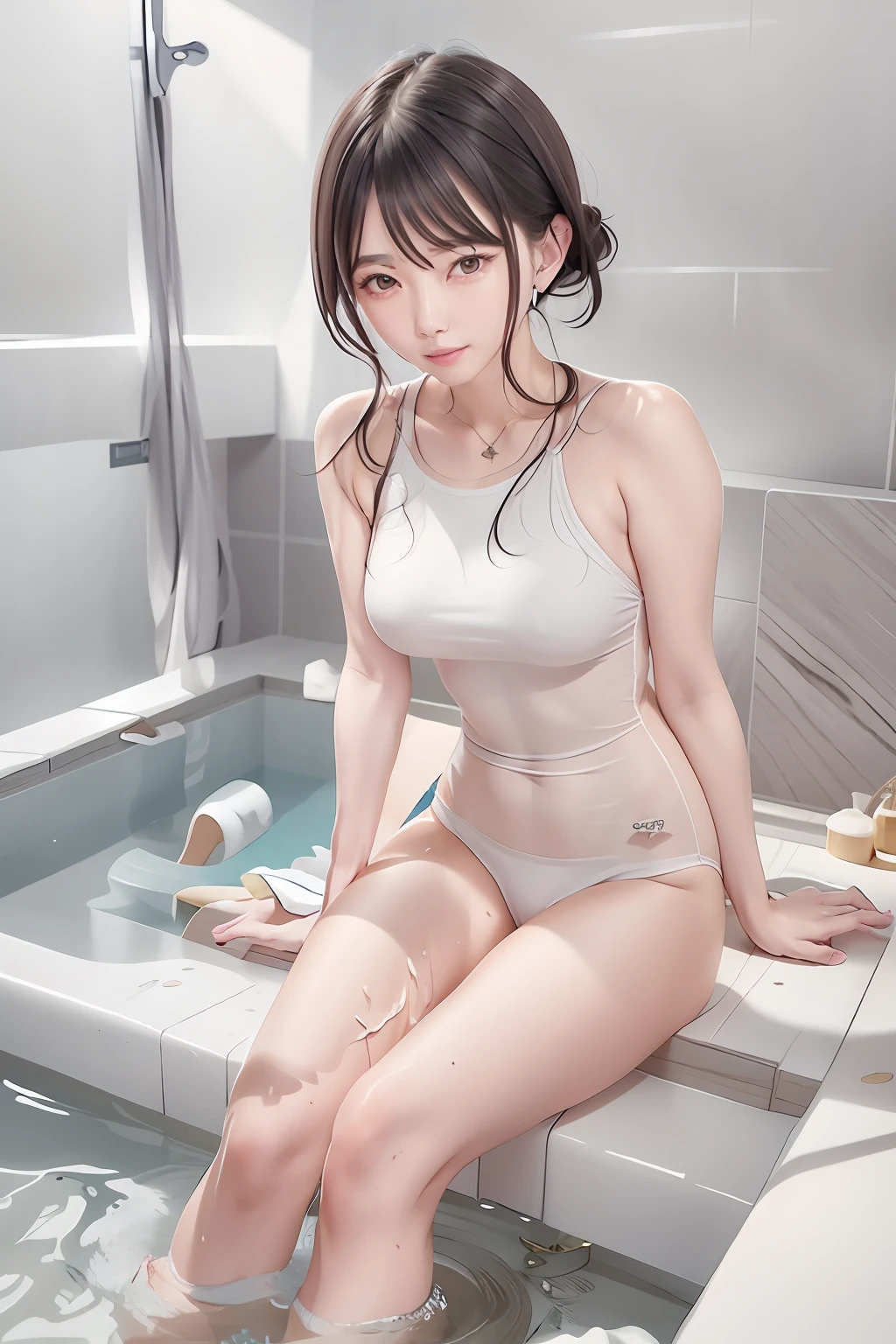 Famous Chinese actress Di Li Gerba sits in the bathtub in a bikini bathing suit, Wearing a white swimsuit, Cute girl dressed, in a bathing suit, wet swimsuit, swim wears, 4 K, swimming uniform, In the bathroom, wearing bodysuit, Seductive girl, modern, film grain, masterpiece