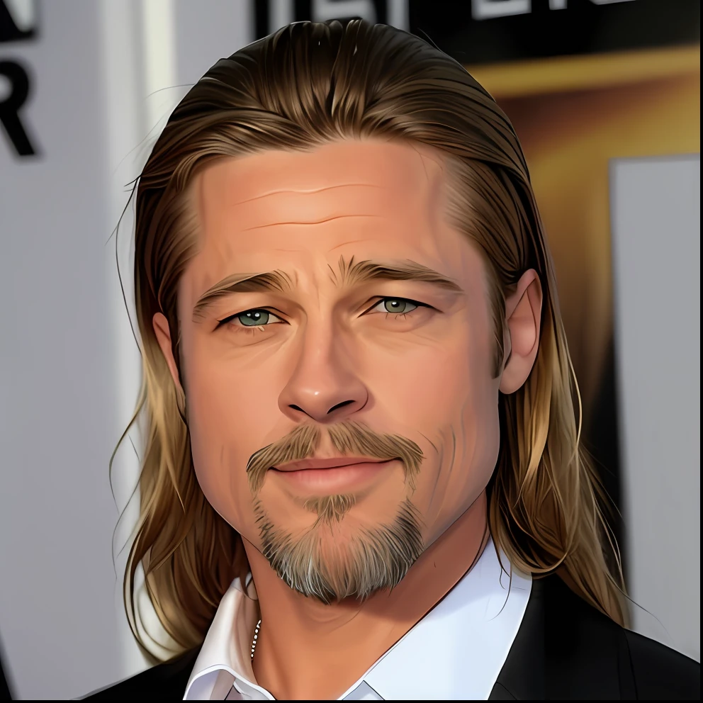 Close-up of a man with long hair and beard, Brad pitt, Portrait of Brad Pitt, Portrait of Brad Pitt, long goatee beard, Short goatee, small blond goatee, goatee, Long blonde hair combed back, no beard and mustache, pitite, with mustache, brad pitt is leon s. kennedy, prominent jawline