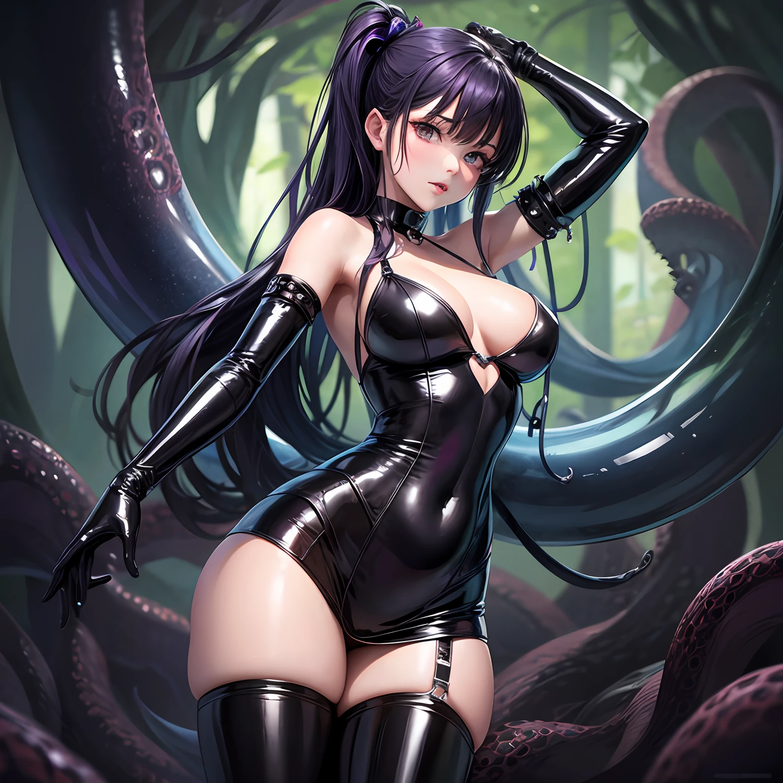 Anime - Style woman posing in latex in a giant octopus hammock with fine details, extremely detailed art, Best quality, masterpiece, high detail, most realistic, HD, young woman, perfect figure, seductive anime girl, symmetrical full body rendering, full body, wlop glossy skin, cute and sexy, erotic pose, erotic expression, eyes up, pupils upturned, thick smooth warframe thighs, wearing purple tentacle suit, shot from behind, goth style, latex miniskirt, leather miniskirt, choker, leather, leather corsait, latex corsait, princess, noble, latex, bodysuit, stockings, corsait, hands raised above head, hands chained, sword, holding sword in hand, tight holster, Tentacles, wrapped in tentacles, covered with tentacles, gross tentacles, discusting tentacles, covered in slime, sweating, around the tentacles, some tentacles are touching her, tentacles, tentacle monsters, tentacles, slime, hybridization, mating, snapping, eighteen forbidden, damp black translucent mucus, squirming tentacles, , sucking tentacle, sucks octopus tentacle, --auto --s2