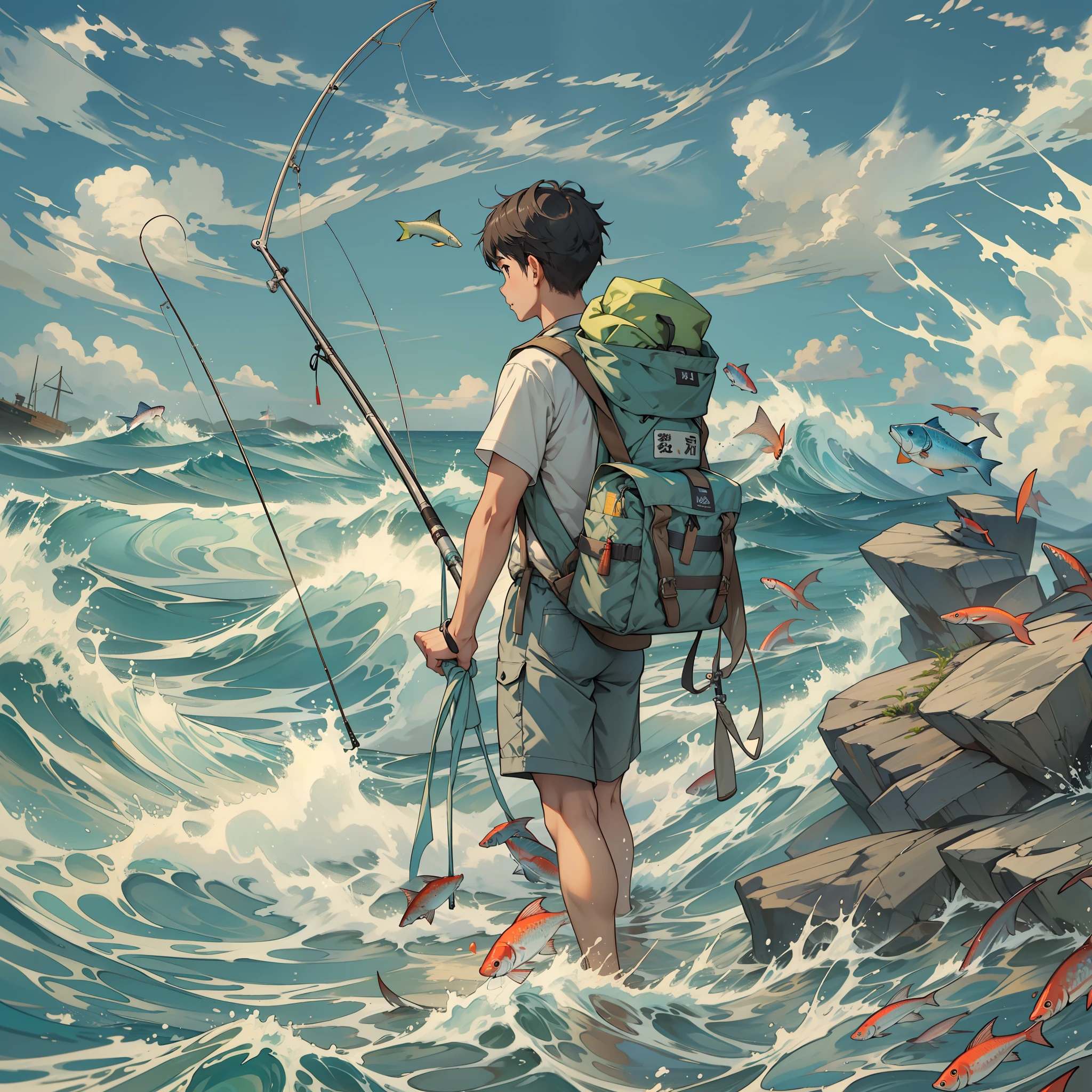 youth,Lua,fishing pole,Throw,Jiang Hai,The is very detailed,Shore,Wide sky,Waves,Lots of fish,backpacks
