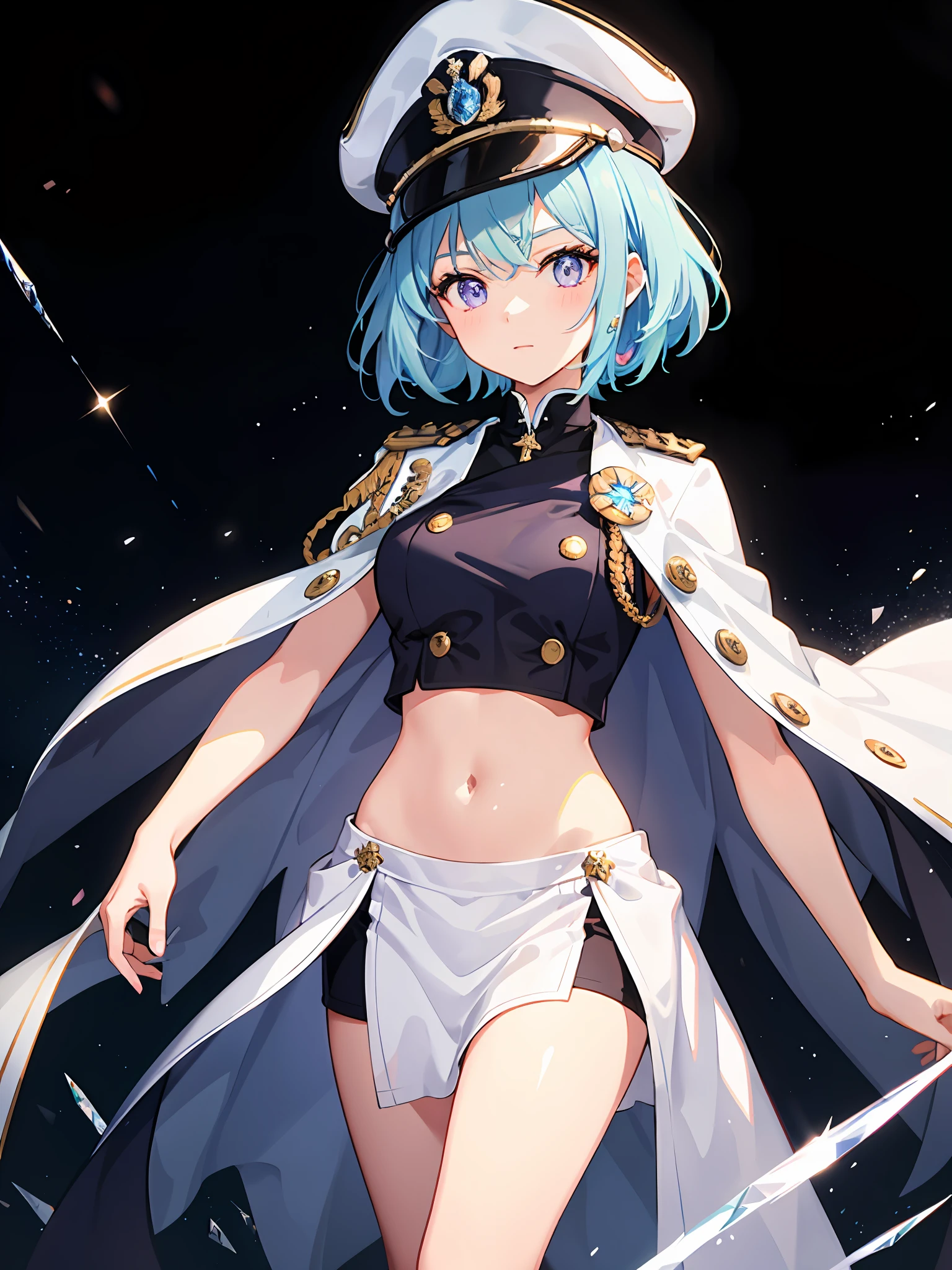 1girl, icy light blue hair, multicolored hair, short hair, purple eyes,diamond shape pupil , naval captain hat white, white naval army cape, white navel army uniform ,sidelighting, light particles, wallpaper,