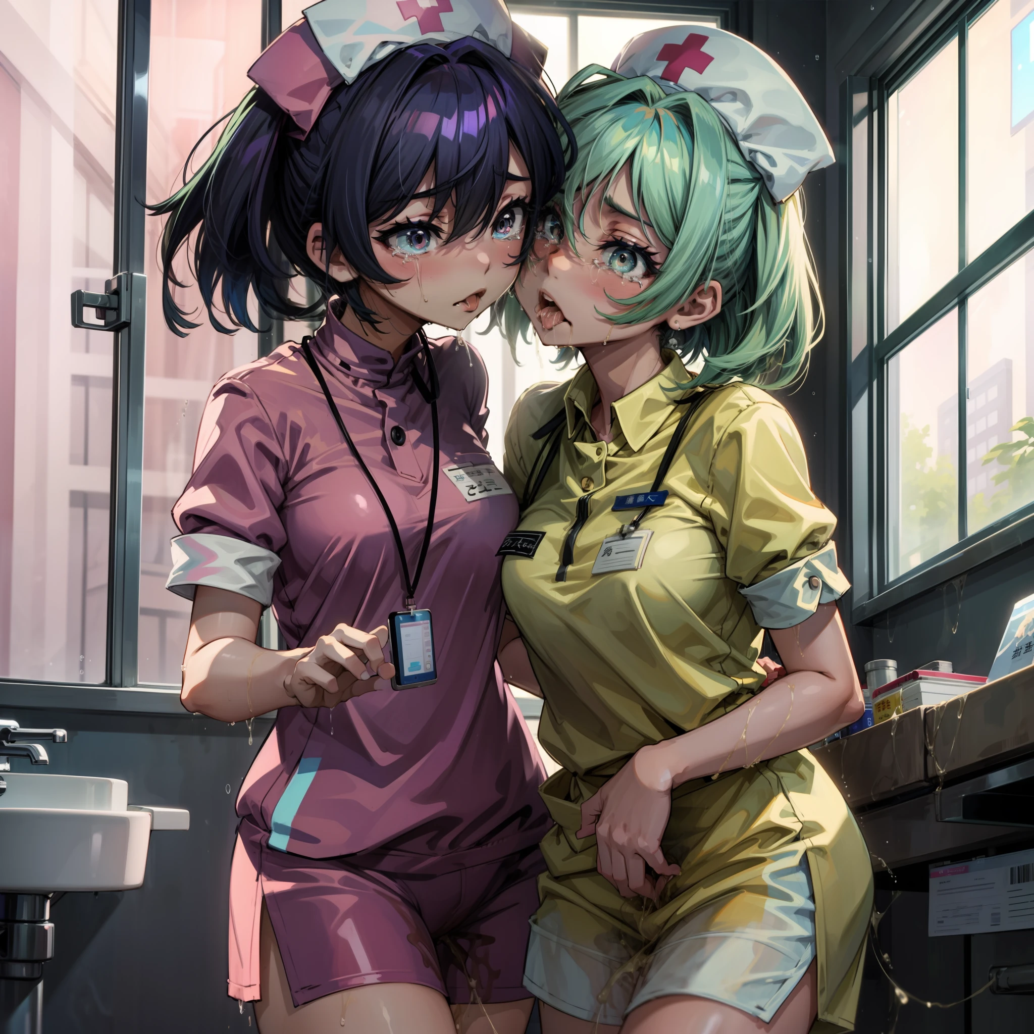 2 nurses、Lesbian Mika、Metamorphosis、obscene、big eye、Smaller head、disheveled blue hair、Desperate look、Saliva、Tongue out、Examination room、the kiss、modest chest、独奏、underwear is soaking wet、Touching the crotch、お漏らし、Tears、