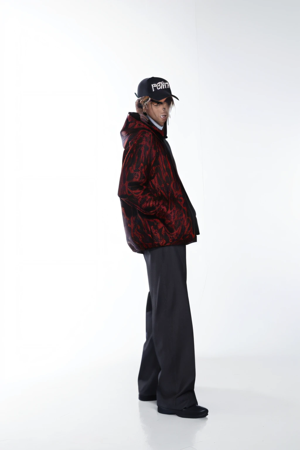 Man in red jacket and black hat standing in a white room, tiro de corpo inteiro, Altura total do corpo inteiro, full-length view, Capa e capuz vermelho e preto, corpo inteiro, altura total, comprimento de corpo inteiro, foto de corpo inteiro, tiro de corpo inteiro, casaco longo preto e vermelho de corpo inteiro, Pose completa, corpo inteiro largoamibirnte destruifo por tras