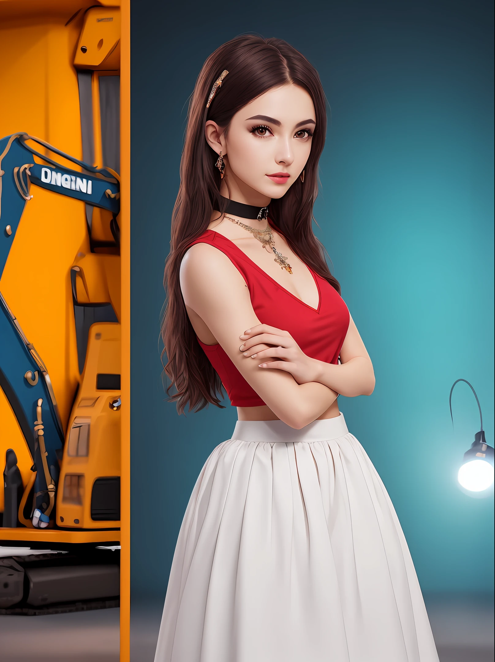 best qualtiy，tmasterpiece，A high resolution，1girl，Porcelain skirt，hair adornments，choker necklace，jewely，beautiful  face，Physically，dingdall effect，realisticlying，dark studio，edge lit，twotonelighting，（highdetailskin：1.2），8k uhd， dslr, softlighting, high high quality, volumettic light, sneak shot, photore, A high resolution, 4k, 8k, Background bokeh,Advertising days and excavator repair