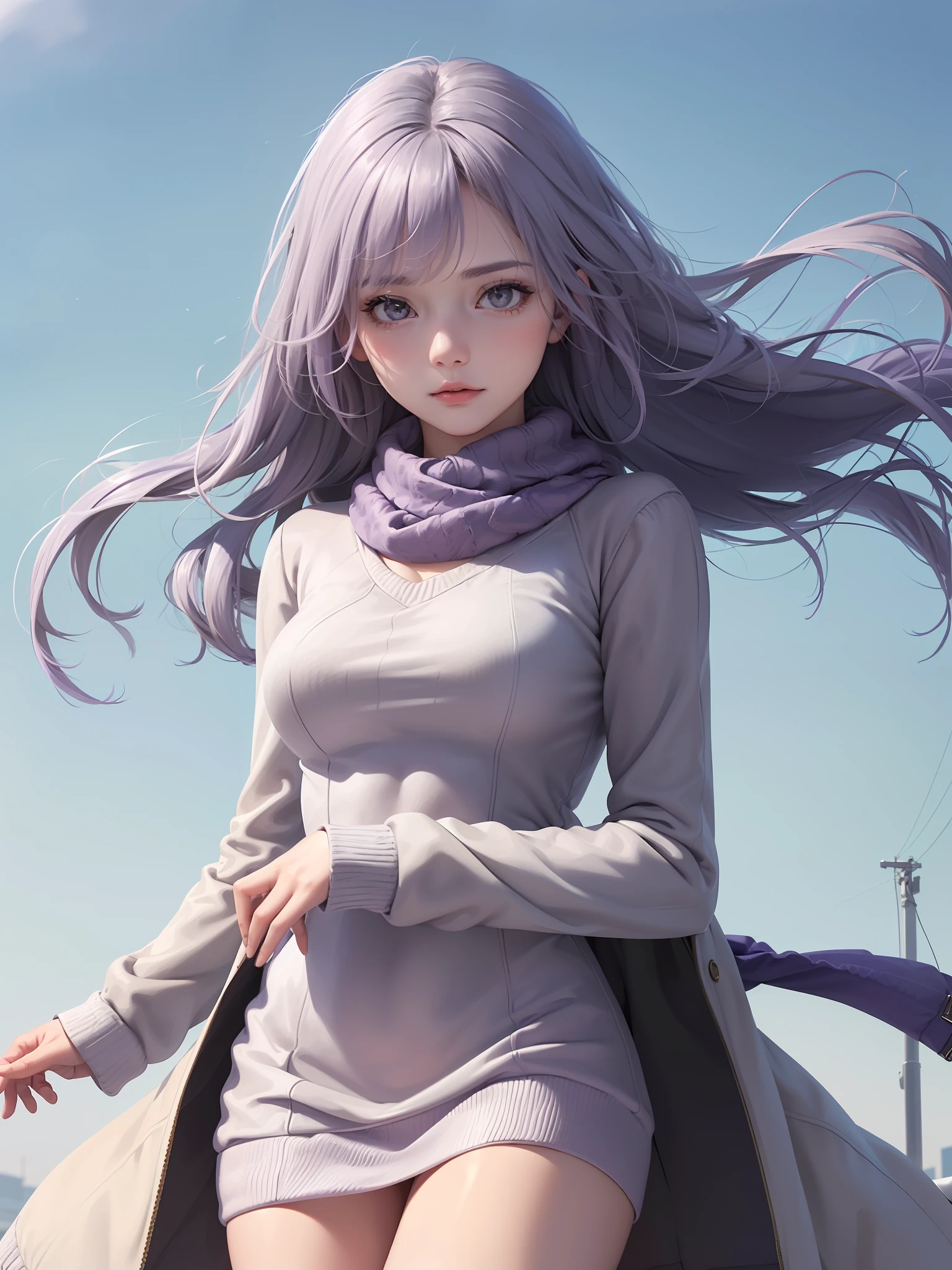 (masterpiece:1.1), (detailed:1.1), (realistic:0.8), 1girl, (pale purple hair:1.2) + (long hair:1.1), medium breasts, (sweater dress:1.1), (wind coat:1.1), scarf, hair decoration, street, sky, snows,