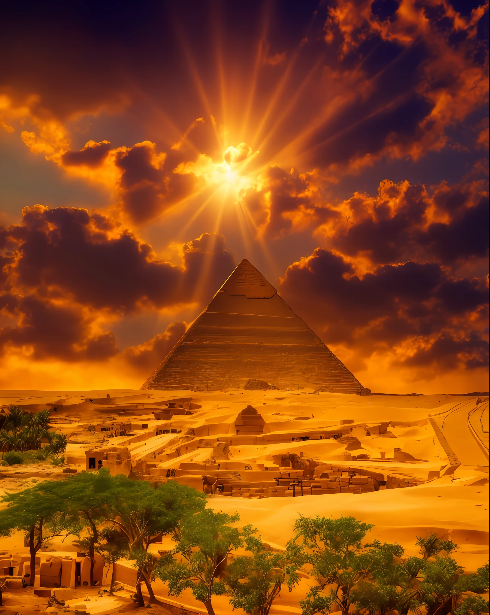 Arafed view of a pyramid with a ray of sun in the background, great pyramid of giza, pyramid ruins at sundown, pyramids of egypt, ancient pyramid, pyramids of giza, ancient megastructure pyramid, Egito, egyptian setting, do Egito, pyramid, colorful ancient egyptian city, Egyptian, majestoso antigo, Egito Antigo, egyptian atmosphere, pyramid surrounded by vegetation
