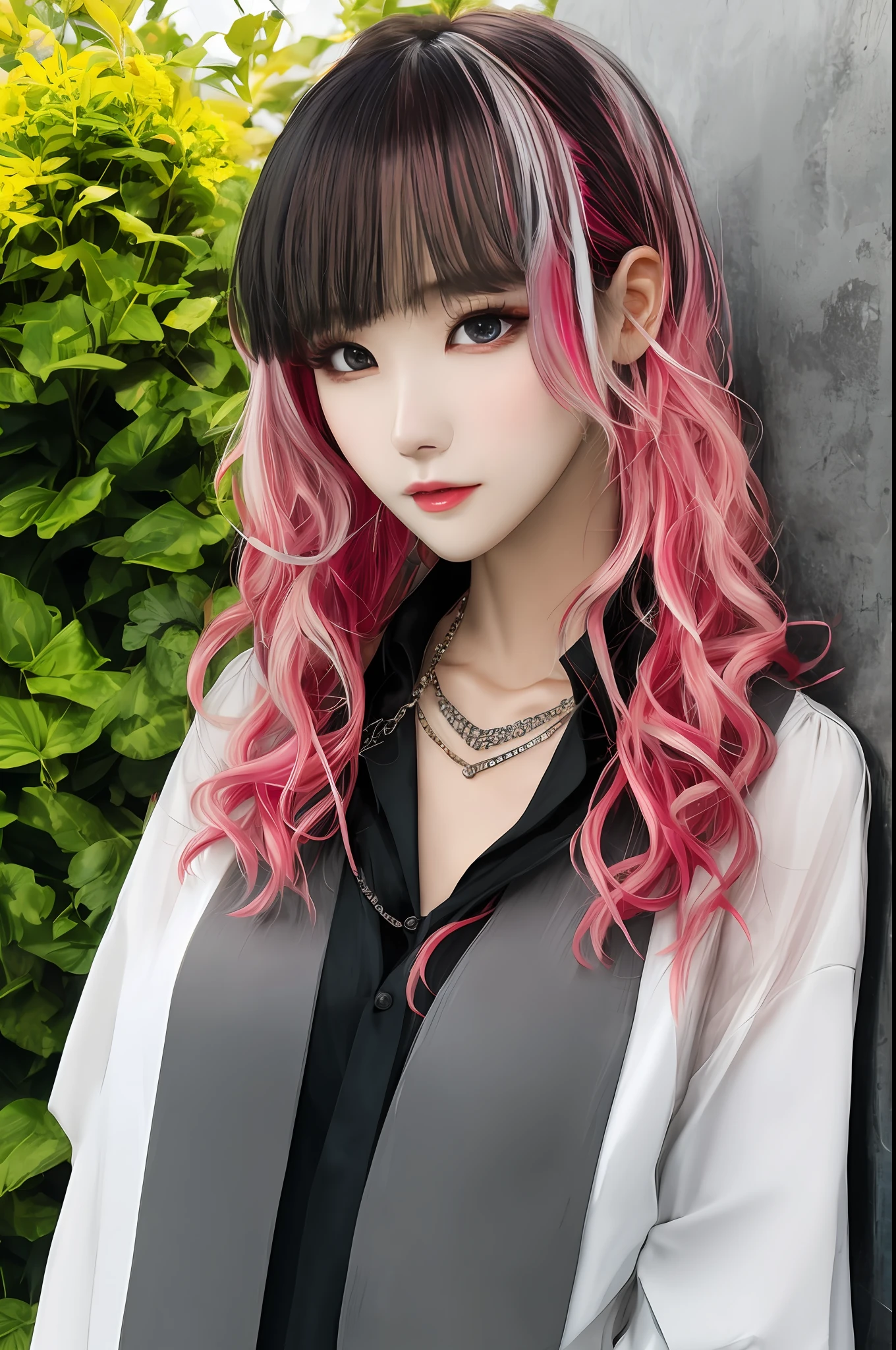 1人, Model photo, Lafed woman holding necklace, inspired by Sim Sa-jeong, androgynous vampire, :9 detailed face: 8, extra detailed face, Detailed straight hair, ((Gray)) baggy eyes, Seductive. Highly detailed, semi realistic anime, Vampires, hyperrealistic teeelicate androgynous princess, imvu, bright pink hair, blond eyes, Professional Photos, Black and white summer clothes Korean fashion, Bright lighting, Hiding both eyes with bangs, I can't see both eyes with bangs, Long bangs, length hair, Glaring expression, pretty pose