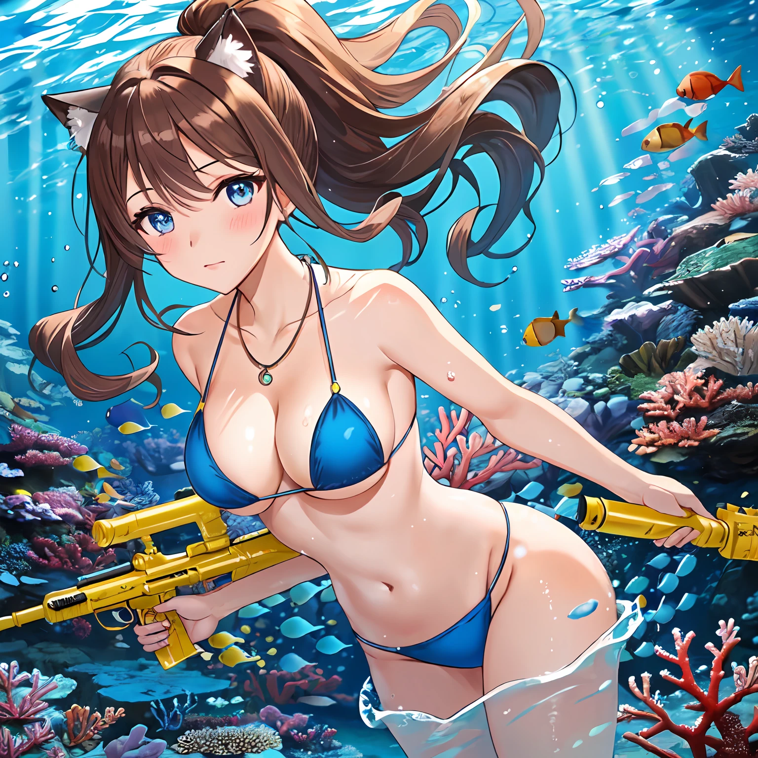 (Masterpiece, top quality, Kyoto animation style illustration, top quality, official art, aesthetics, beautiful details, :1. 2), break, (one 17 year old girl), very detailed, colourful, best details, break, (bombshell breasts: 1. 2,), clear skin, beautiful skin, shy skin, with fringes, 1 beautiful girl, brown hair, (cat ears, ponytail, medium-long hair: 1. 2), (light blue eyes, long eyelashes, double eyelids: 1. 2), solo, break, (1girl,solo:1. 3)((deep sea)),(water gun),(water play), break, medium necklace, simple, grey Colour, colourful hair, asymmetrical bangs, shadows, sweat, simple, blush, stickers, micro bikini, white, silky, blue sky, break,((weightless)),((top angle, cowboy shot))), underwater,((underwater, seaweed, column of light)),((coral reef, air sac:1.5 ))), Goddess,
.