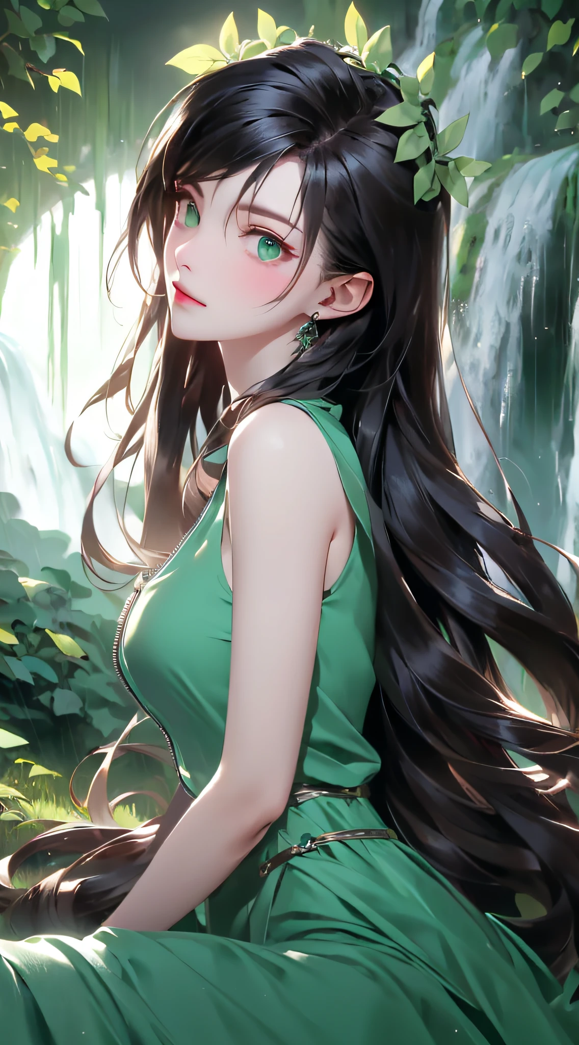 tmasterpiece,best qualtiy,8K,primitive:1.2,realisticlying:1.4,Grotesque,1 Role,Sexy and revealing,Solo,ff Tifa,Most detailed,opens his eyes wide:1.3,eyes reflection:1.5,eyes with brightness:1.5,White skin,(Green dress,head wreath),full-length zipper,Slim,Thin leg,sitted,Moon,Updraft,The upper part of the body,rainbowing,cinmatic lighting,Beautiful misty forest and waterfalls