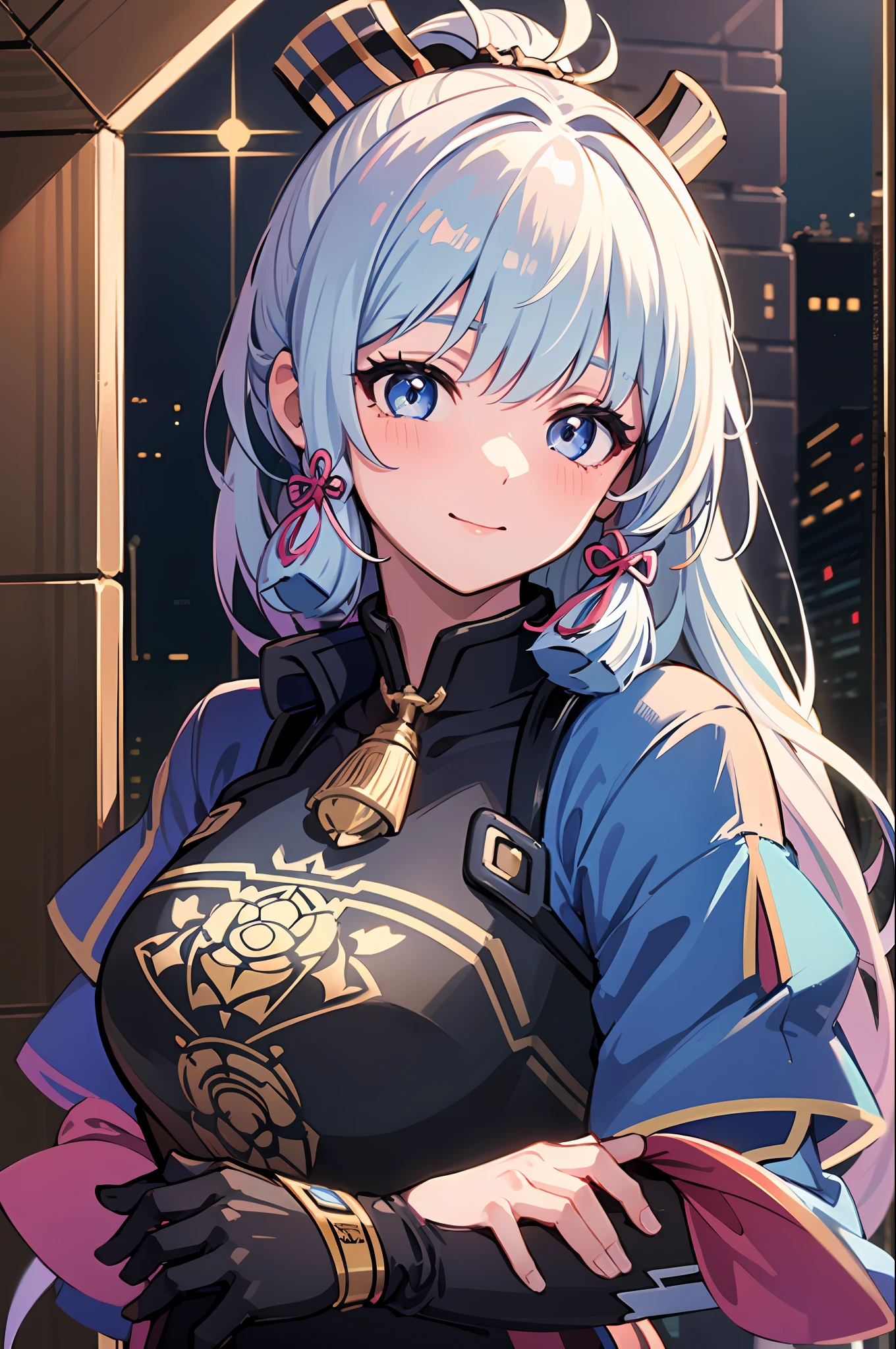 (((masterpiece))), 4k res, highly detailed, (((extremely detailed eyes))), detailed background, cinematic lighting, crystal clear eyes, high quality, highres, ultra-detailed, 8k, best quality, 1girl, solo, shadow, backlighting, light particles, Thick Eyelashes, Wide Sleeve, thick thighs, (masterpiece:1.3), (the best quality:1.2), (super fine illustrations:1.2), (Masterpiece), high quality, high detail,(SOLO:1.4),((round image)), whole body, 1girl, kamisato ayaka, smile, blush, closed mouth, cryokinesis, black gloves, thick, arms behind back, hands on hips, hands on own chest, village