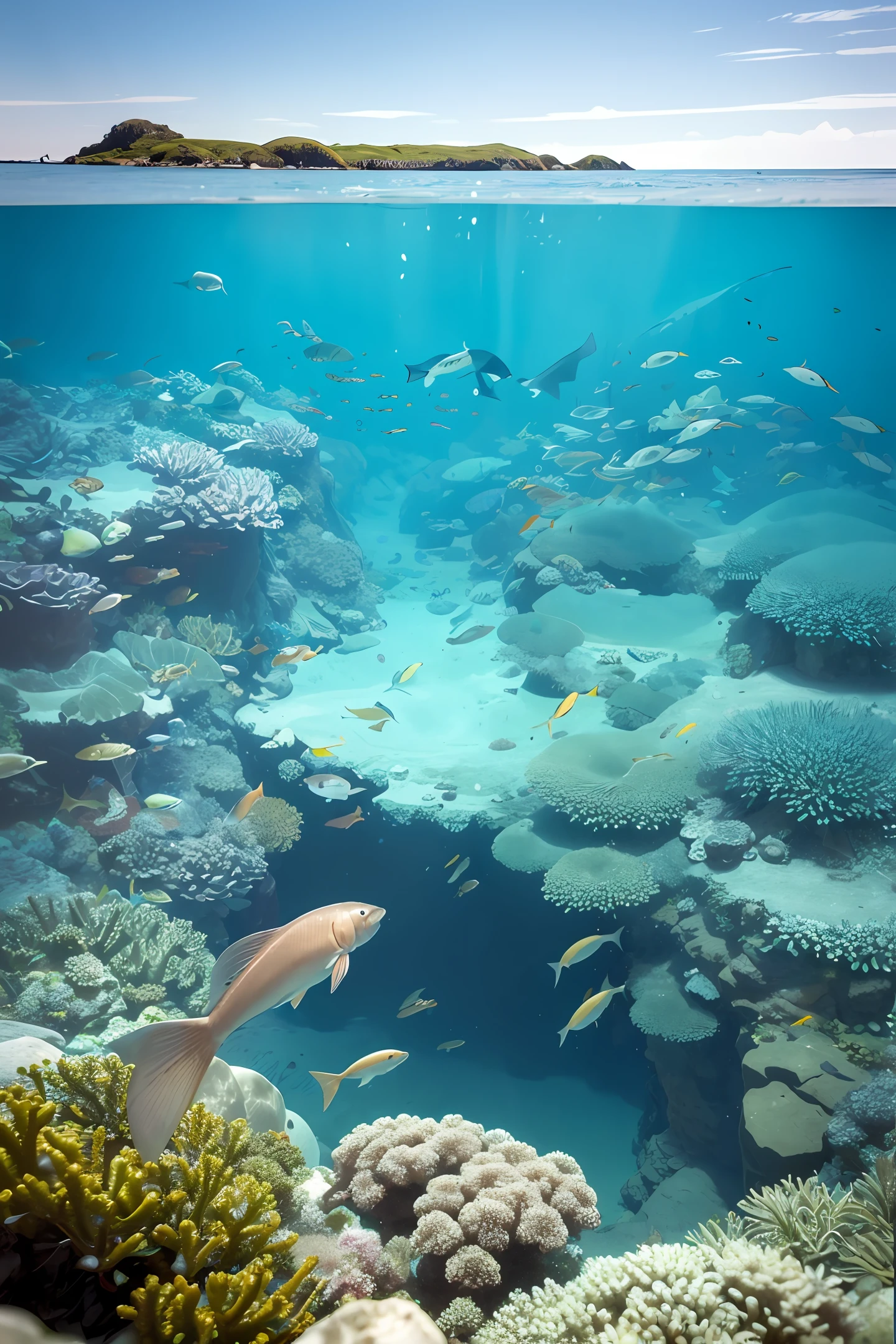 ocean floor，Two people，fish flocks，