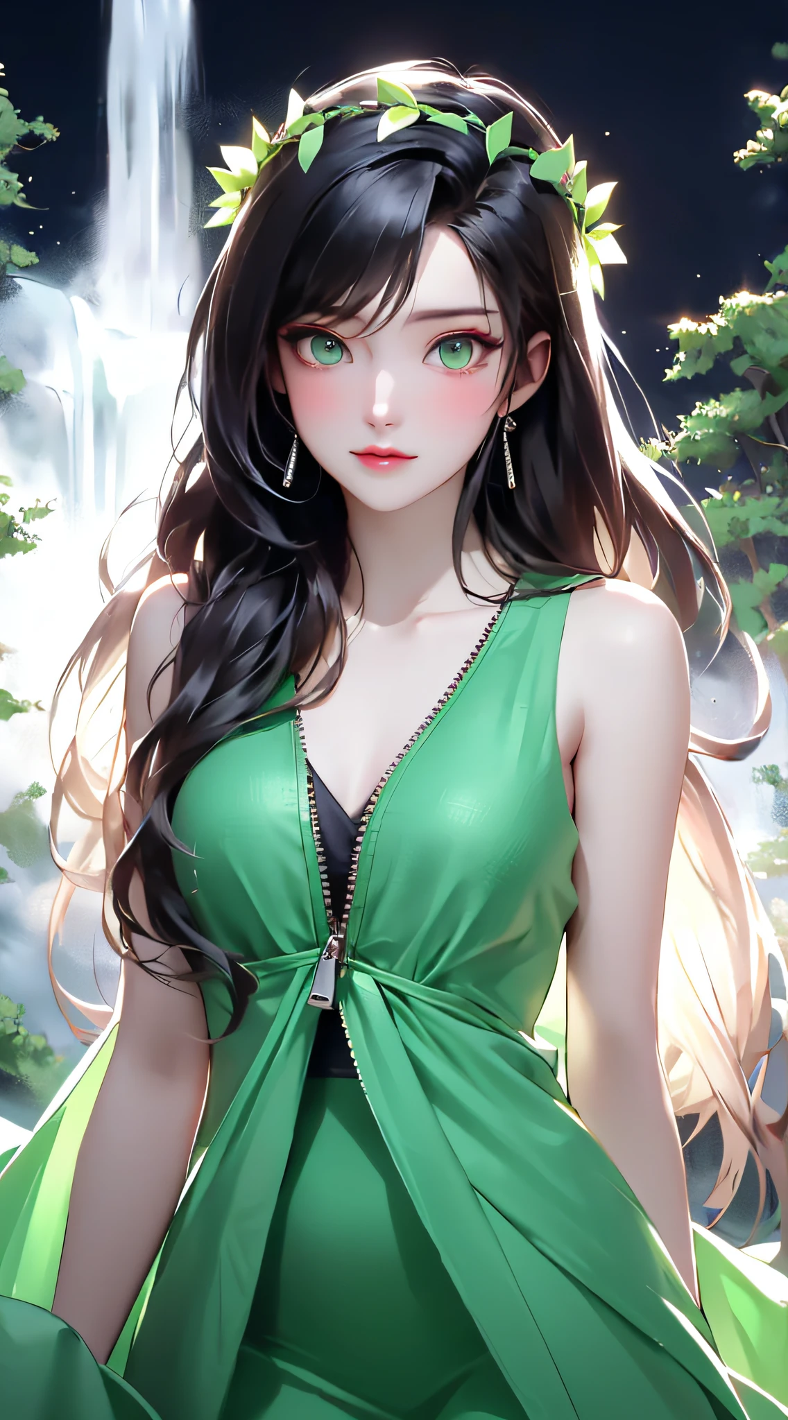 tmasterpiece,best qualtiy,8K,primitive:1.2,realisticlying:1.4,Grotesque,1 Role,Sexy and revealing,Solo,ff Tifa,Most detailed,opens his eyes wide:1.3,eyes reflection:1.5,eyes with brightness:1.5,White skin,(Green dress,head wreath),full-length zipper,Slim,Thin leg,sitted,Moon,Updraft,The upper part of the body,rainbowing,cinmatic lighting,Beautiful misty forest and waterfalls