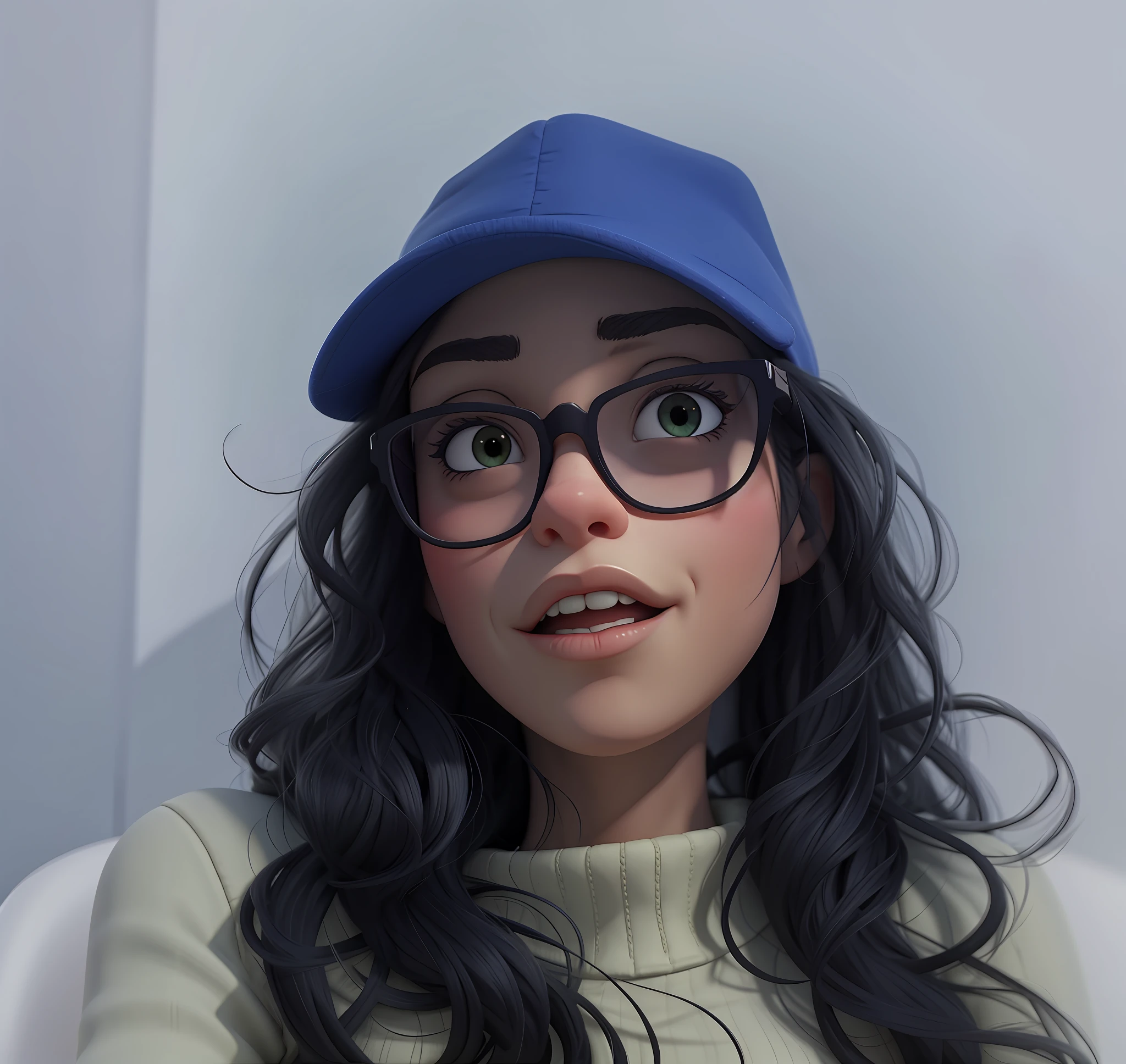 Arafed woman wearing glasses and a blue hat and glasses,olhos negros, kawaii retrato realista, With eye Glasses, Ilya Kuvshinov. 4 mil, Ilya Kuvshinov e Artgerm, Art not Guweiz style, Estilo de anime 3D realista, fotorrealista!!!!!!! Estilo de arte, Artgerm e Ilya Kuvshinov, Estilo de arte realista