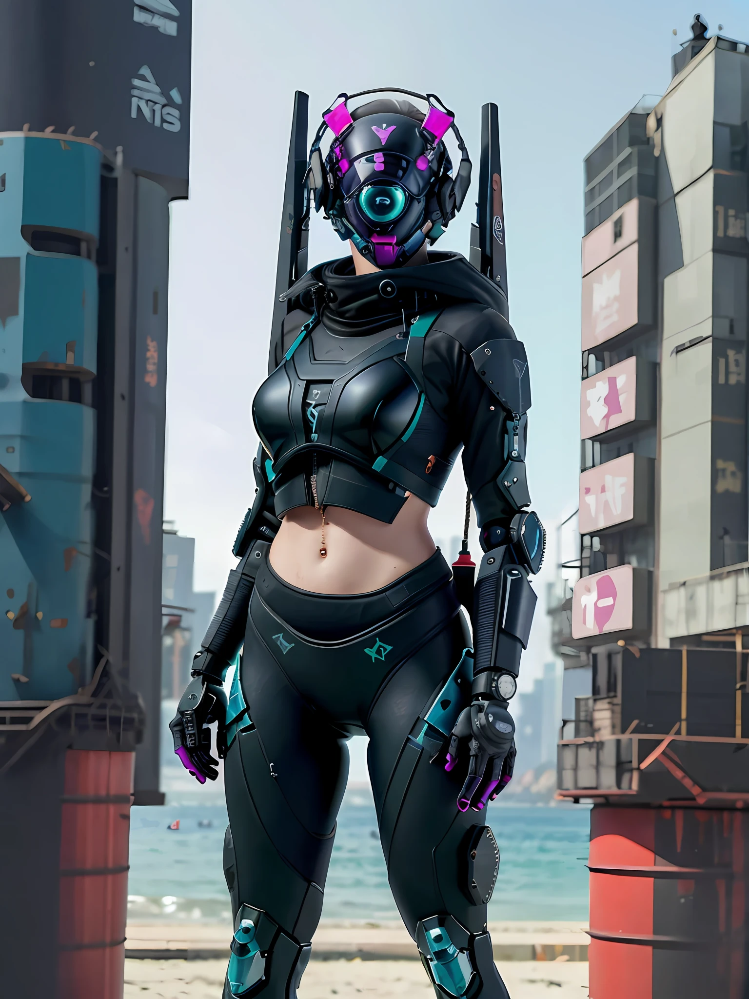 Crea Un primer plano de una mujer con una chaqueta cyberpunk, cyber implants, una pistola y un estilo Techwear Occultist. The woman wears ThreeA toys and a special operations head with mask. She's dressed for combat, con un chaleco antibalas negro, un uniforme blindado negro y una armadura furtiva. Sin embargo, esta vez, The woman is enjoying a day at the beach with her friends Rope Players. Wear a black wetsuit and futuristic sunglasses, chups!,