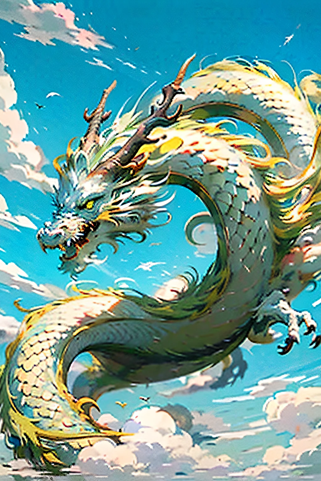 Best quality,masterpiece,ultra high res,nu no humans, (long:1.2),sky, yellow eyes, cloud, scales, eastern dragon, open mouth, sharp teeth, flying, horns, teeth, day, claws, fangs, blue sky