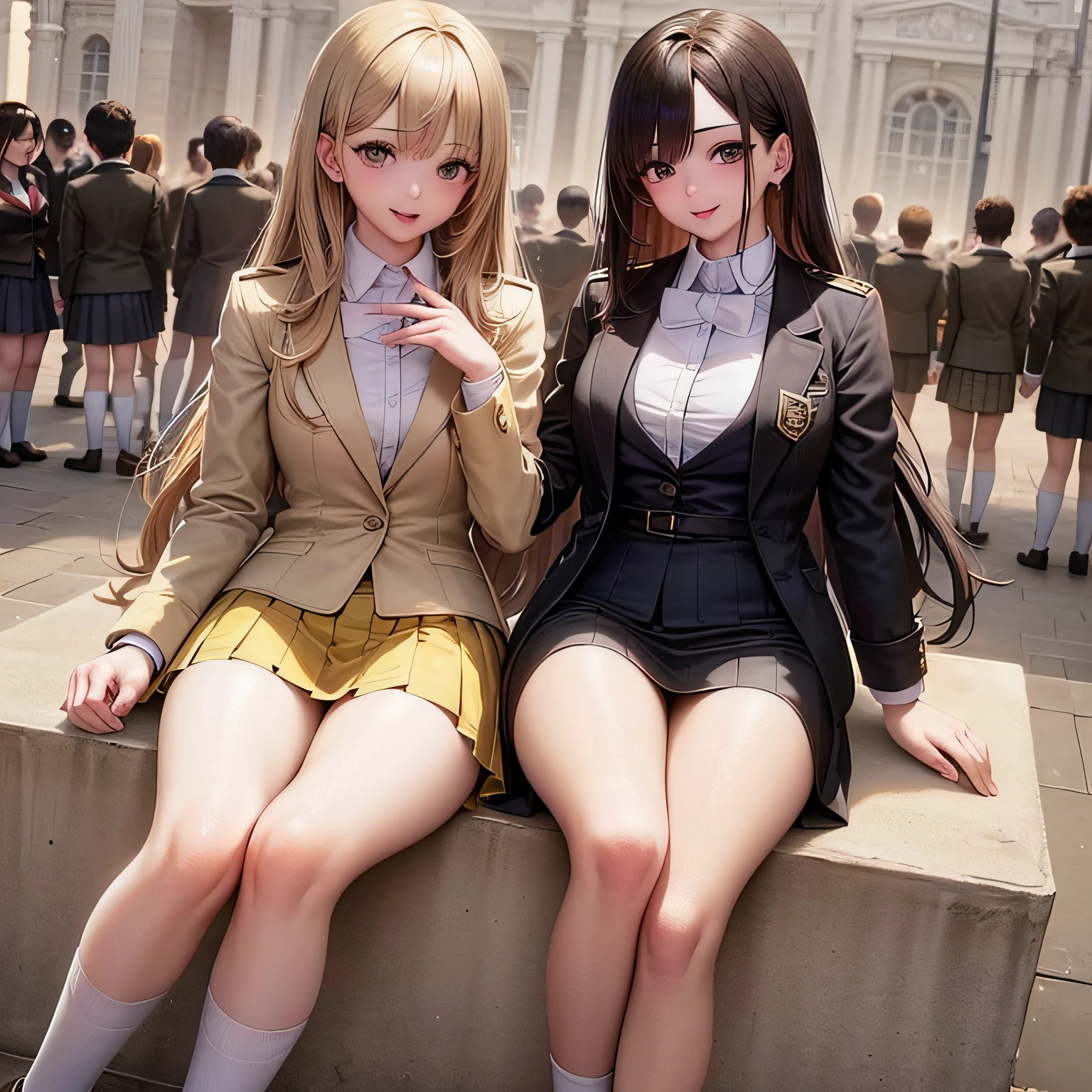((Masterpiece, A high resolution)), ((Thousands of, millions of, crowd of)), Sisters, Group, (brown haired girls, blond girl)), Long hair, Curly hair, matching hairstyle, different hair color, self-assured, elegant, rich girls, proud smiles, (((matching outfits, identical outfits, yellow school uniforms, sexy school uniforms, yellow blazer, yellow short skirt, white thighhighs, Long white socks, Black loafers)))