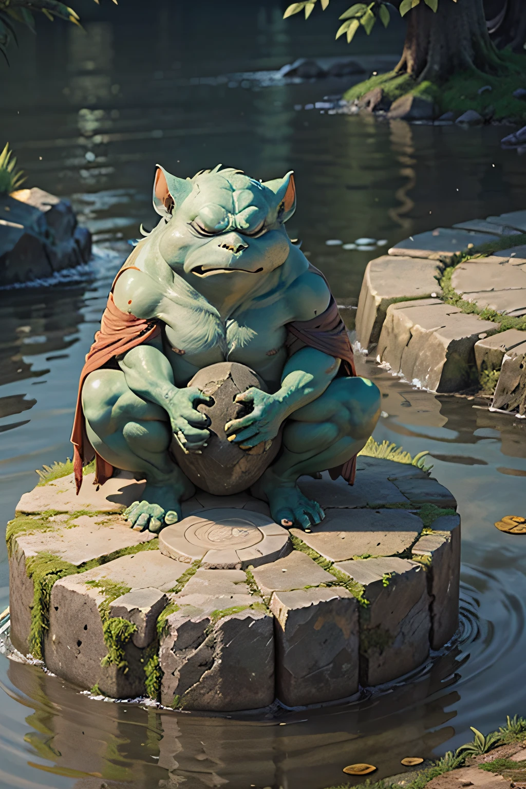 Grogu lifts a stone with the power of his mind. Grogu's eyes are closed, his hand reaches out towards the stone. Grogu sits on a stump in the middle of a lake.