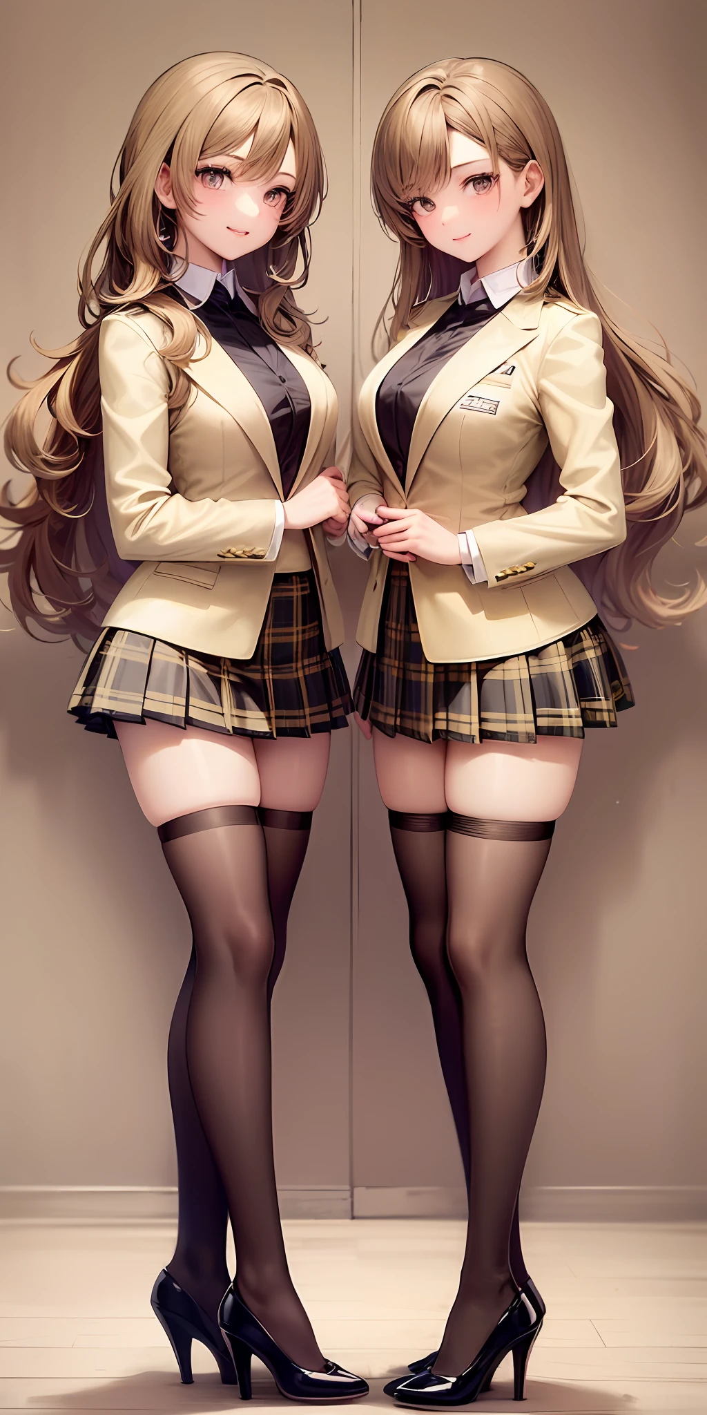((Masterpiece, highres)), 2girls, duo, twins, ((one brown haired girl, one blonde girl)), long hair, curly hair, matching hairstyles, different hair color, confident, elegant, rich girls, proud smiles, (((matching outfits, identical outfits, yellow school uniforms, sexy school uniforms, yellow blazer, yellow short skirt, white thighhighs, long white socks, black high heels))), standing at attention