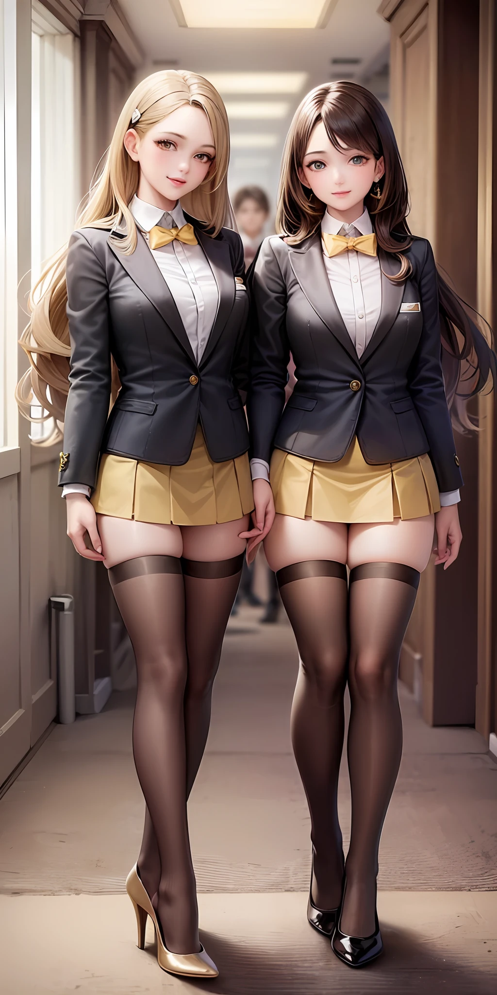 ((Masterpiece, highres)), 2girls, duo, twins, ((one brown haired girl, one blonde girl)), long hair, curly hair, matching hairstyles, different hair color, confident, elegant, rich girls, proud smiles, (((matching outfits, identical outfits, yellow school uniforms, sexy school uniforms, yellow blazer, yellow short skirt, white thighhighs, long white socks, black high heels))), standing at attention