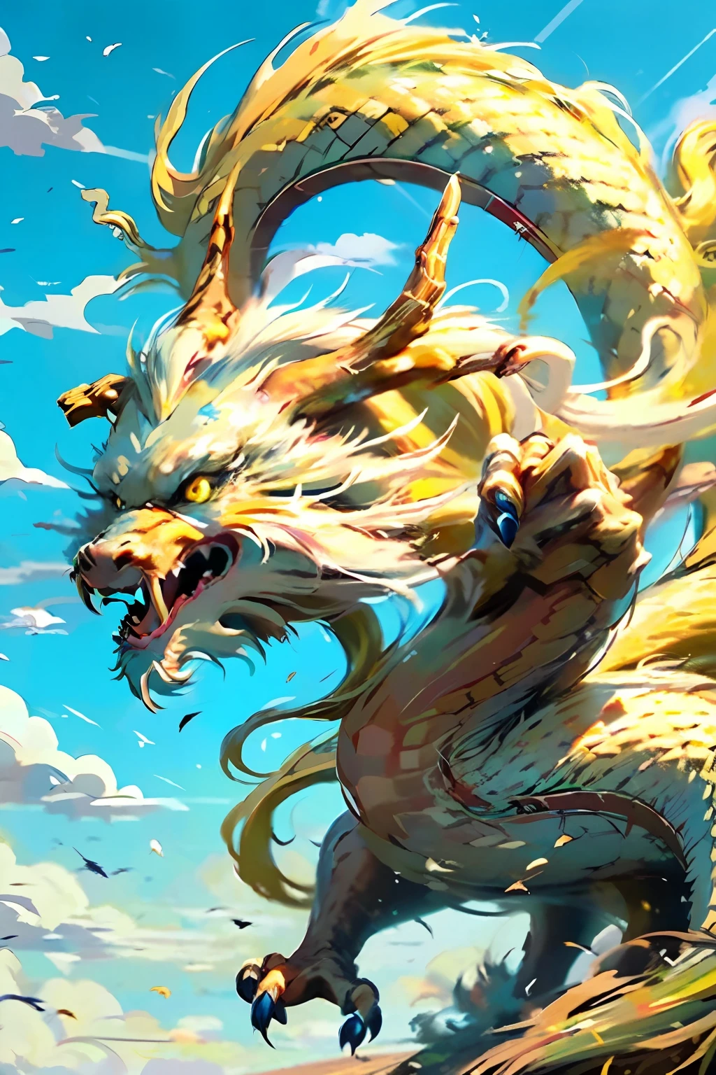 Best quality,masterpiece,ultra high res,nu no humans, (long:1.2),sky, yellow eyes, cloud, scales, eastern dragon, open mouth, sharp teeth, flying, horns, teeth, day, claws, fangs, blue sky