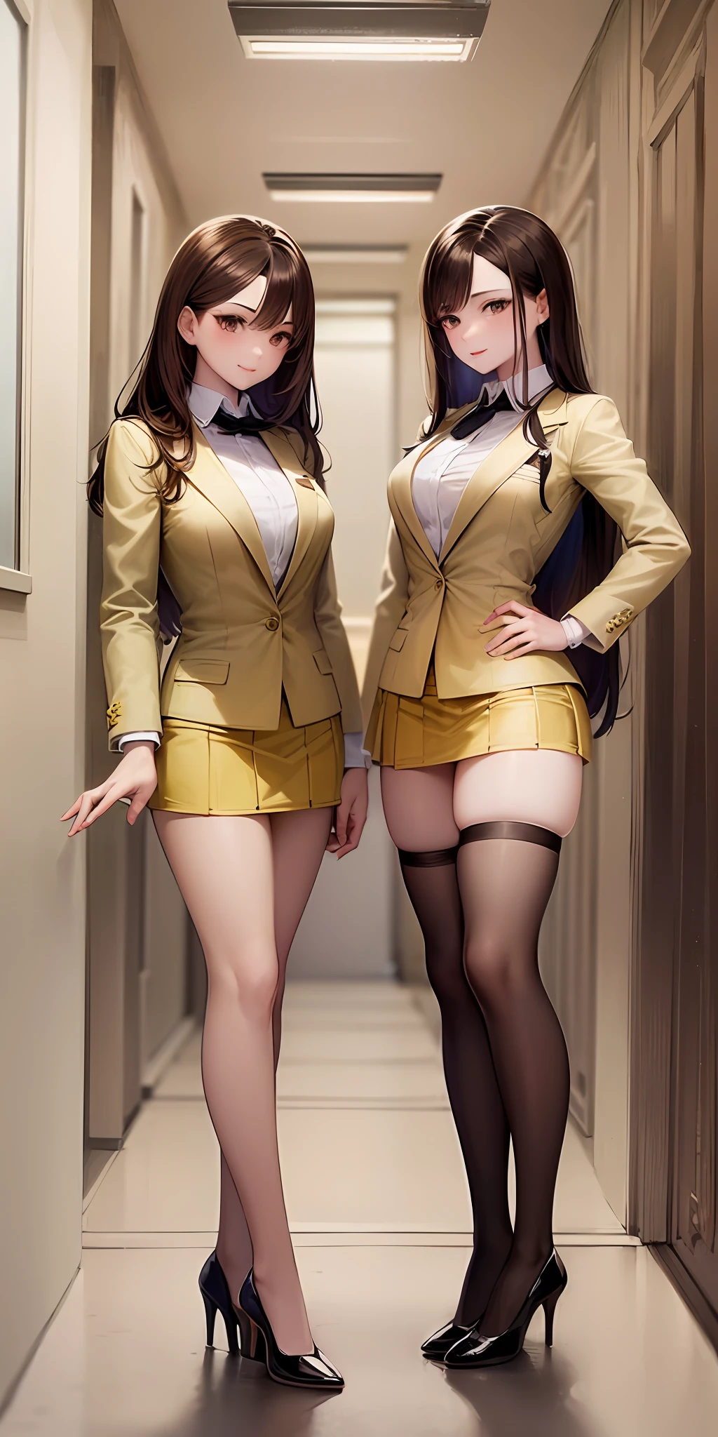 ((Masterpiece, highres)), 2girls, duo, twins, ((one brown haired girl, one blonde girl)), long hair, curly hair, matching hairstyles, different hair color, confident, elegant, rich girls, proud smiles, (((matching outfits, identical outfits, yellow school uniforms, sexy school uniforms, yellow blazer, yellow short skirt, white thighhighs, long white socks, black high heels))), standing at attention