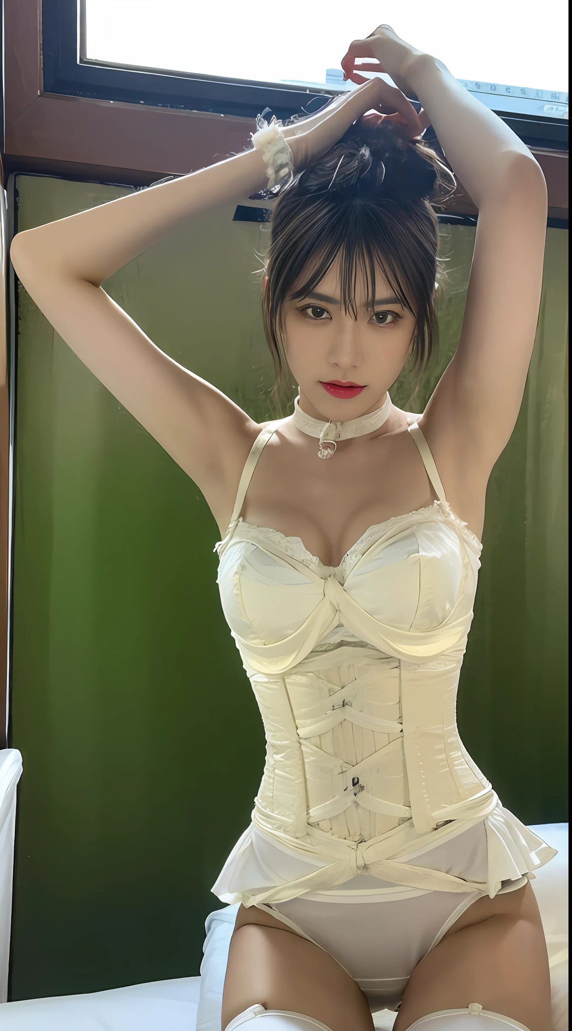 ((Top Quality, 8k, Masterpiece: 1.3)), Crisp Focus: 1.2, Beautiful Women with Perfect Figure: 1.4, Slender Abs: 1.2, (((Layer Cut, Big: 1.2)), Wet Body: 1.5, Highly Detailed Face and Skin Texture, Detailed Eyes, Double Eyelids, Very Short Hair, BDSM, Slave, black Corset, Bondage, Collar, Restrained,From below,disdain,thong_panties,bind arms,nsfw, garter belts
