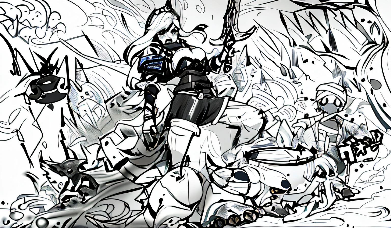 A painting of a woman with a sword and a dog, clean lineart, heavy lineart, line work concept art, thick lineart, bold lineart, epic pencil illustration, perfect lineart, detailed penciling, intense line art, thick black lineart, 2d game lineart behance hd, 2d game lineart behance hd, concept piece