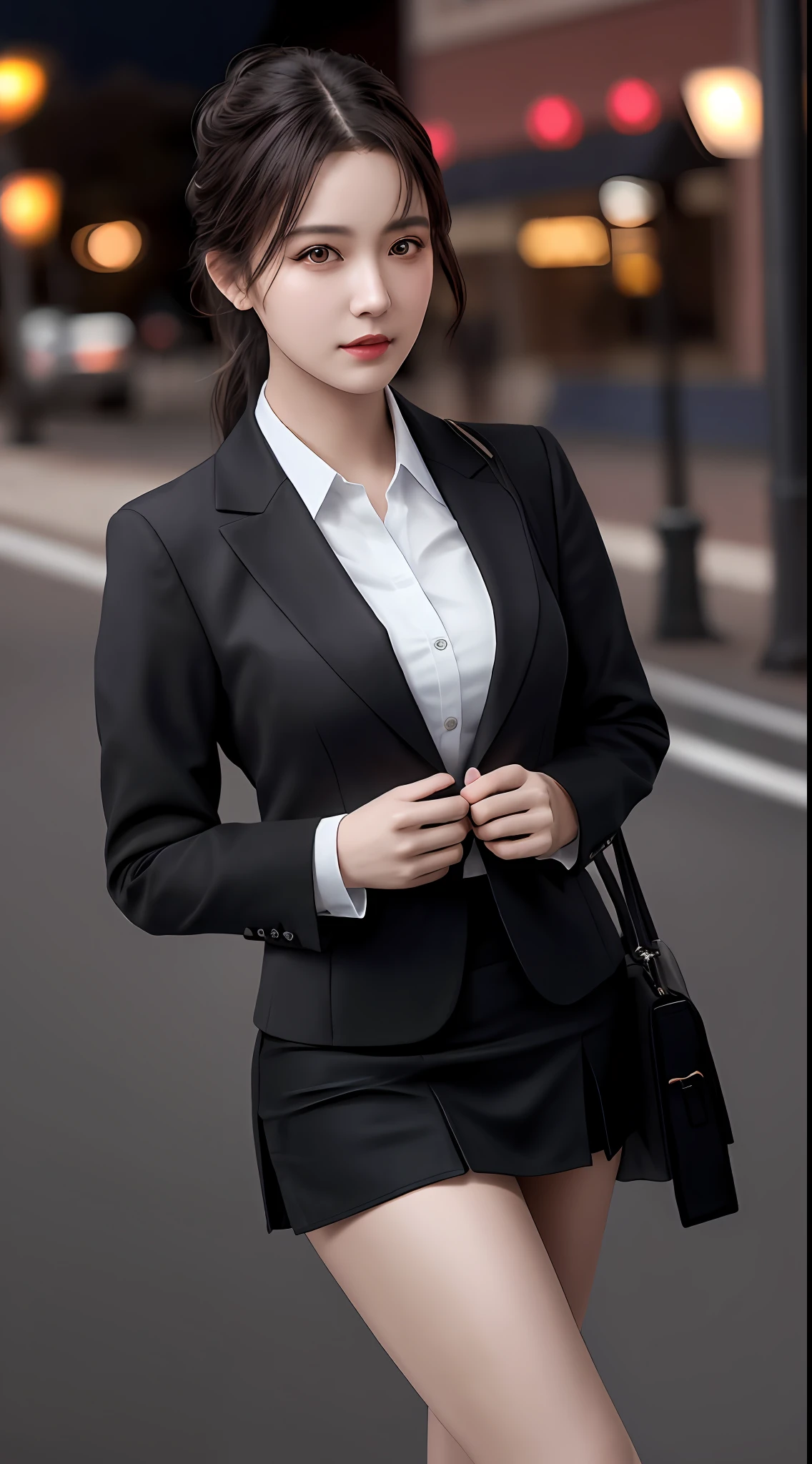 best quality, masterpiece, 1girl, Beautiful face, (photo realistic:1.3), rim lighting, (high detailed skin:1.2), 8k uhd, dslr, high quality, high resolution, 4k, 8k, Bokeh,  absurdres, best ratio four finger and one thumb, (realistic:1.3), cute 1girl, wearing black formal blazer, ??????????????, short skirt,