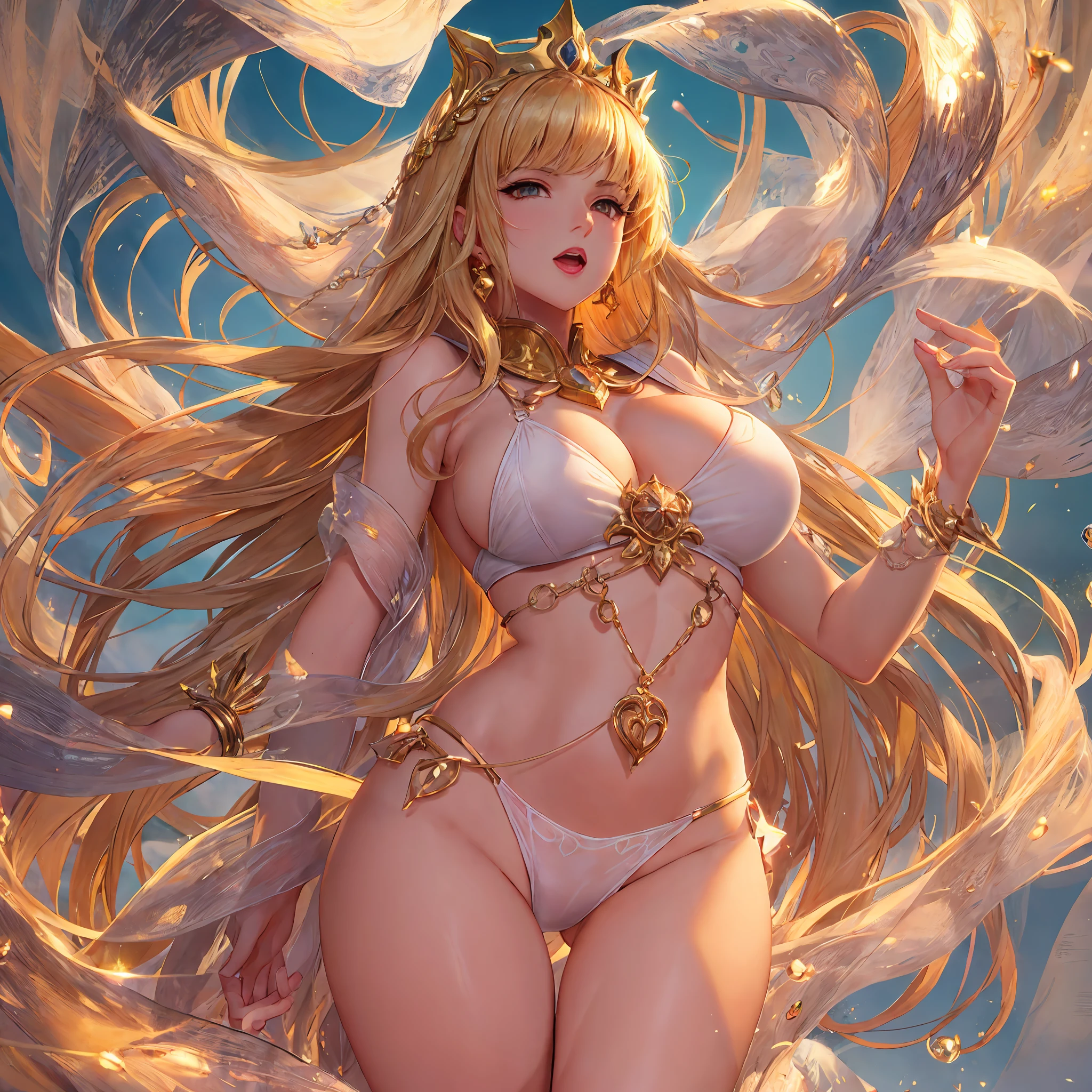 Wearing a white bikini and a gold crown,cinematic goddess body shot,Goddess of Light,the sailor galaxia。big breasts beautiful,Heavenly Goddess,a beautiful fantasy empress,The goddess of gold,as the goddess of the sun,Goddess of the sun,Movie goddess shots,golden goddess athena,Full body CGsociety,seminude,seductiv