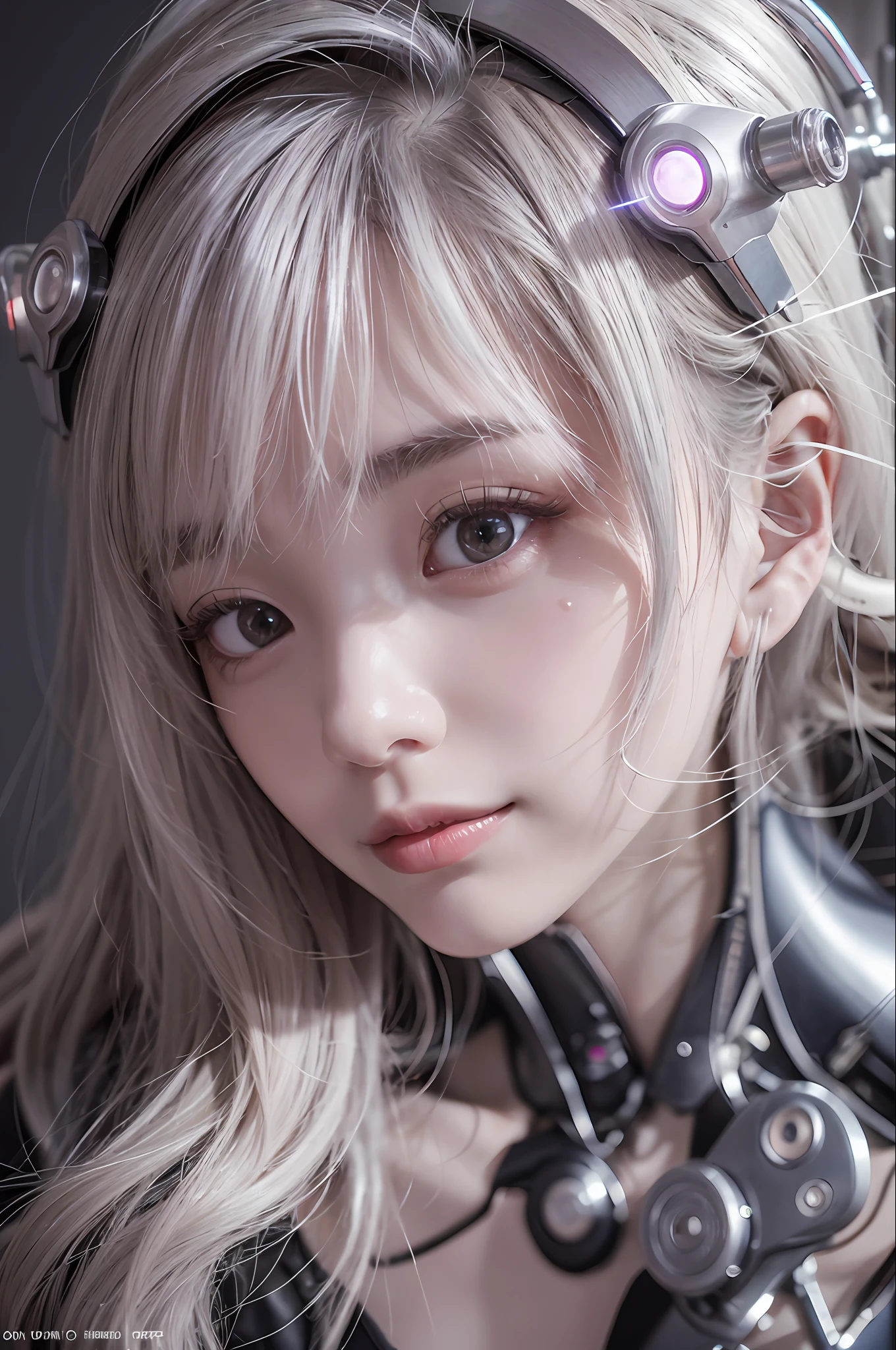 Top Quality, Masterpiece, Ultra High Resolution, (Photorealistic: 1.4), Raw Photo, 1 Girl, White Hair, Glossy Skin, 1 Mechanical Girl, (Ultra Realistic Details)), Portrait, Global Illumination, Shadows, Octane Rendering, 8K, Ultra Sharp, Big, Cleavage Exposed Raw Skin, Metal, Intricate Ornament Details, Cold Color, Egyptian details, very intricate details, realistic light, CGSoation trend, purple eyes, glowing eyes, facing the camera, neon details, mechanical limbs, blood vessels connected to tubes, mechanical vertebrae attached to the back, mechanical cervical attachment to the neck, sitting, wires and cables connecting to the head, evangelion, small LED lamp,