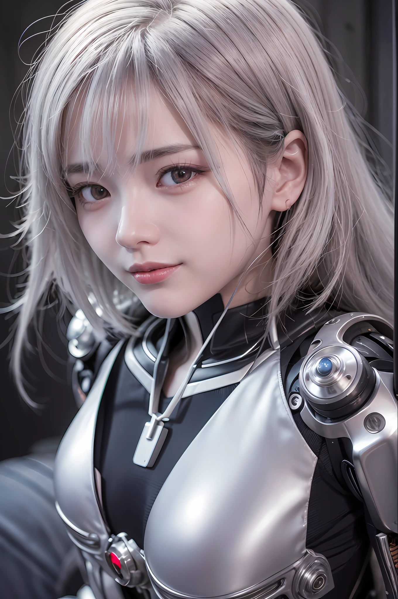 Top Quality, Masterpiece, Ultra High Resolution, (Photorealistic: 1.4), Raw Photo, 1 Girl, White Hair, Glossy Skin, 1 Mechanical Girl, (Ultra Realistic Details)), Portrait, Global Illumination, Shadows, Octane Rendering, 8K, Ultra Sharp, Big, Cleavage Exposed Raw Skin, Metal, Intricate Ornament Details, Cold Color, Egyptian details, very intricate details, realistic light, CGSoation trend, purple eyes, glowing eyes, facing the camera, neon details, mechanical limbs, blood vessels connected to tubes, mechanical vertebrae attached to the back, mechanical cervical attachment to the neck, sitting, wires and cables connecting to the head, evangelion, small LED lamp,