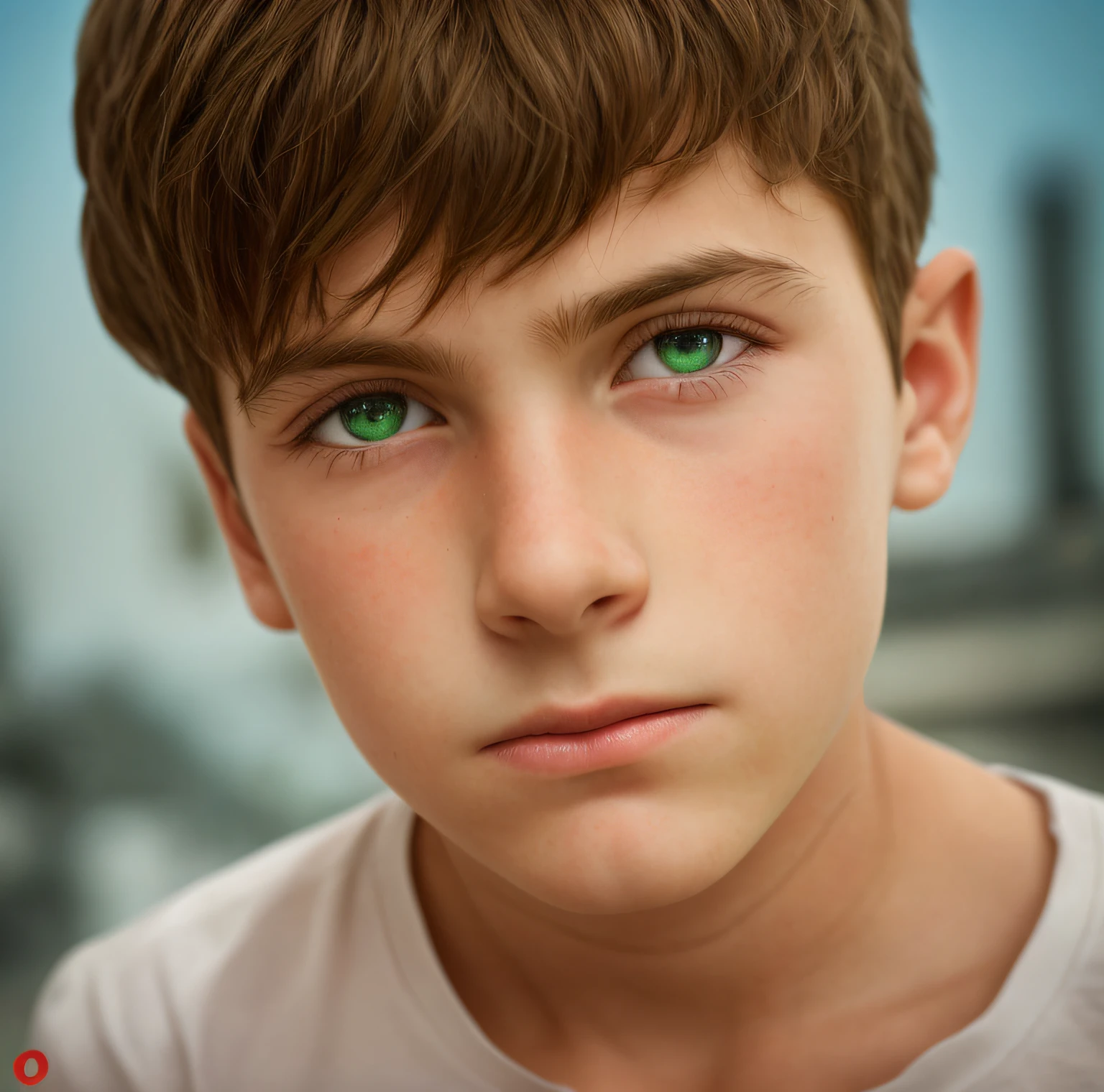 Italian boy, 11 years old, greenish eyes, light brown hair, perfect face, serious expression, white t-shirt, closeup, 4k, details, headshot